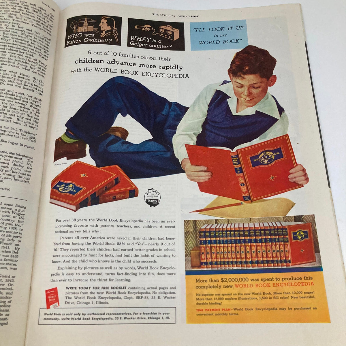 Inside page of the Saturday Evening Post Magazine May 8, 1948 promoting the World Book Encyclopedia with a young boy reading, highlighting the educational benefits.