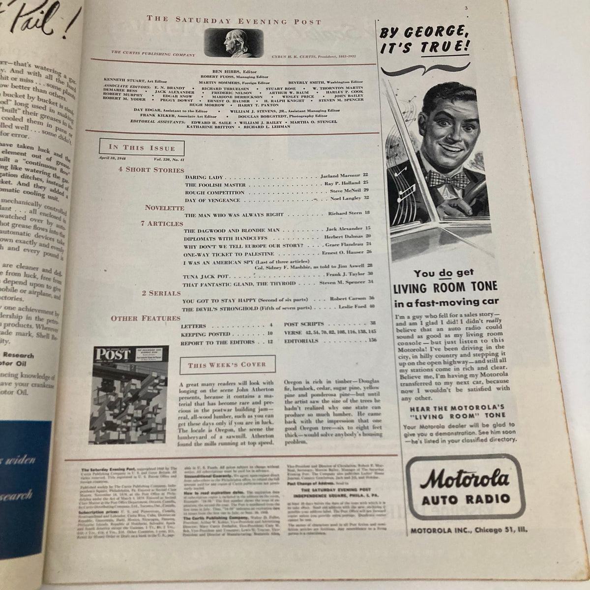 Interior page of Saturday Evening Post Magazine April 10 1948 showcasing the table of contents and articles including 'The Dagwood and Blondie Man'.