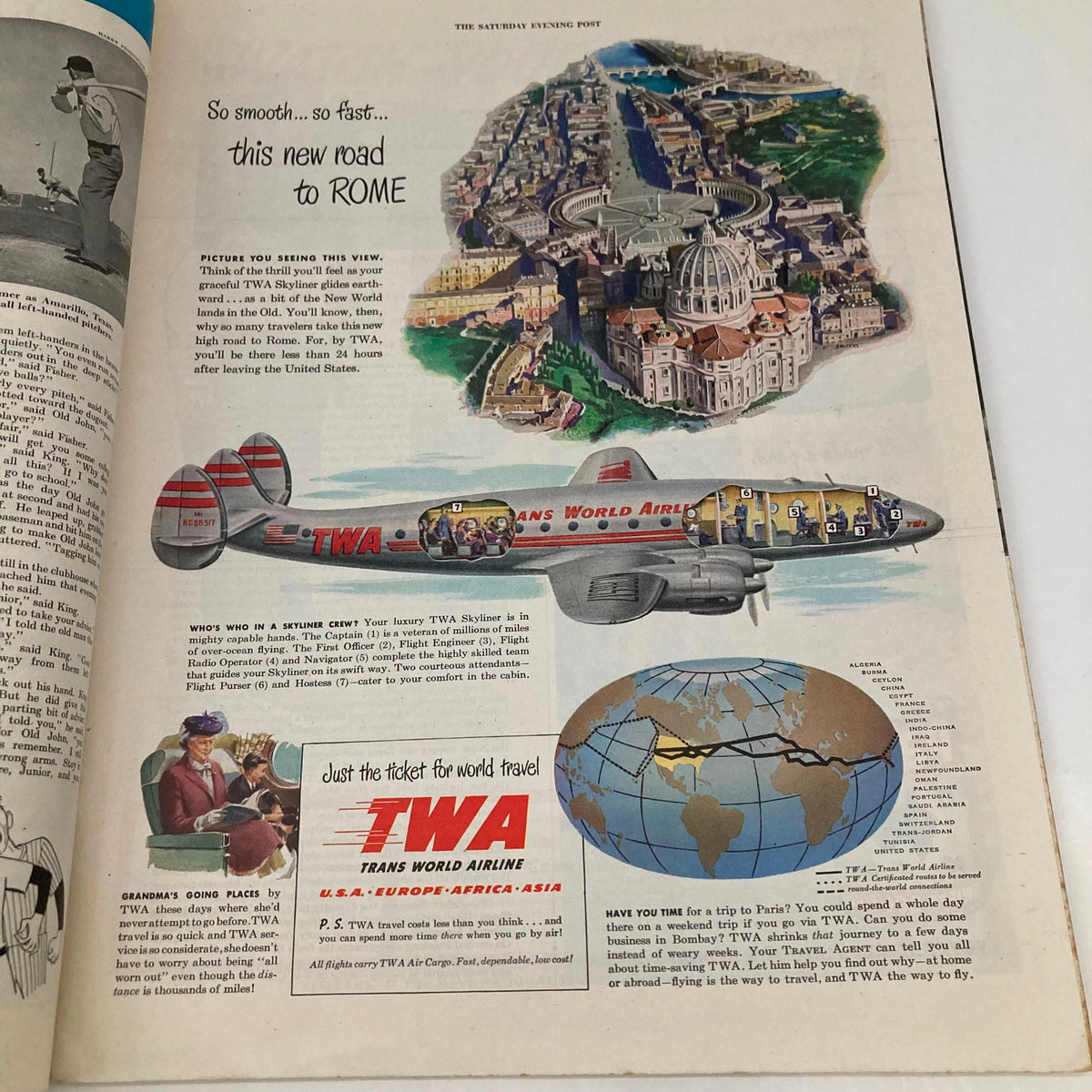 Article page from Saturday Evening Post Magazine April 10 1948 highlighting travel with TWA and featuring an airplane illustration.