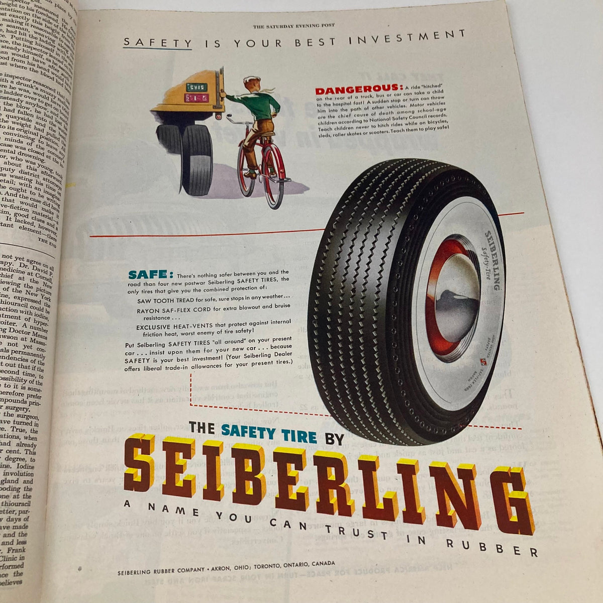 Saturday Evening Post April 10 1948 Illustrated Cover by John Atherton featuring a vintage Seiberling tire advertisement promoting safety while riding a bicycle, with an illustration of a cyclist near a truck.