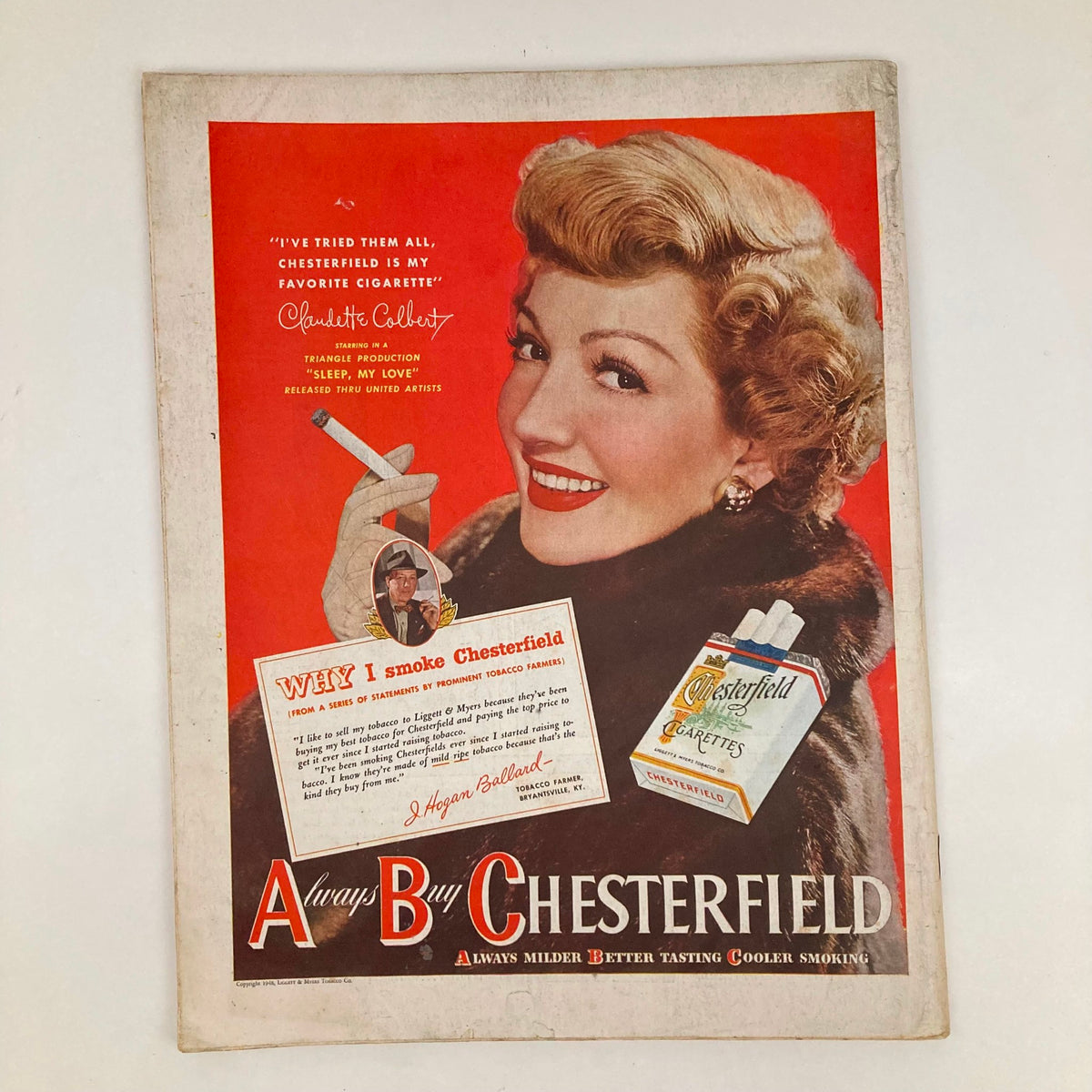 Saturday Evening Post April 10 1948 Illustrated Cover by John Atherton featuring a vintage Chesterfield cigarette advertisement, showcasing a smiling woman holding a cigarette with the slogan 'Always Buy Chesterfield'.