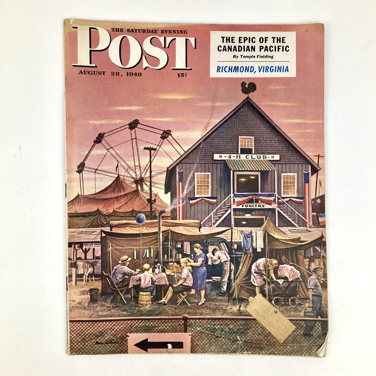 Saturday Evening Post Magazine August 28 1948 cover featuring an illustrated scene by Stevan Dohanos showcasing a fair and community gathering in Richmond, Virginia.