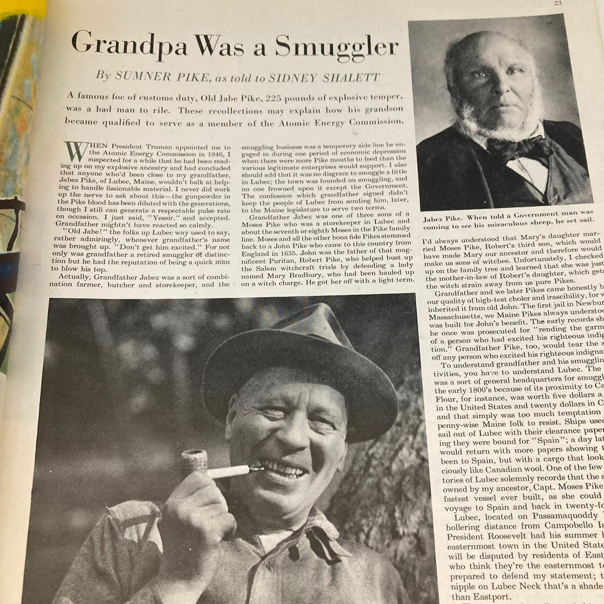 Inside page of Saturday Evening Post Magazine August 28 1948 featuring an article titled 'Grandpa Was a Smuggler' by Sumner Pike, showcasing a photograph of a man with a pipe and a historical figure illustration.