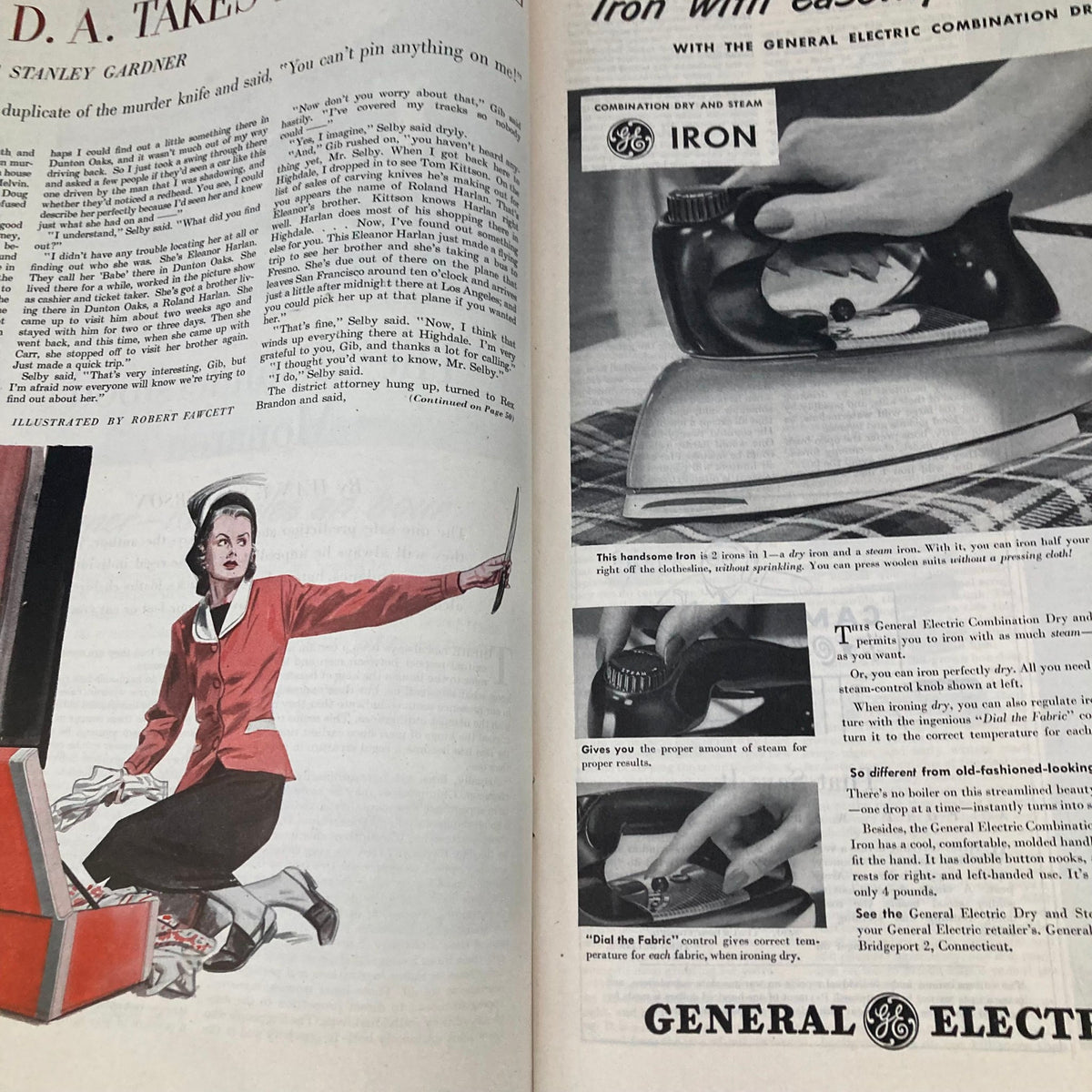 Illustrated story page from Saturday Evening Post Magazine August 28 1948 featuring the title 'D.A. Takes a Hand' by Stanley Gardner, with an illustration of a woman in red and a vintage advertisement for General Electric irons.