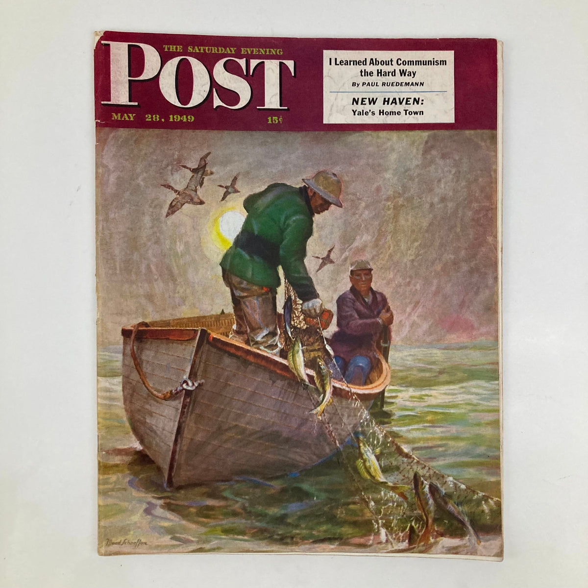 Saturday Evening Post Magazine May 28 1949 Illustrated Cover artwork by Mead Schaeffer depicting fishermen in a boat with a catch under a colorful sunset, showcasing vintage Americana nostalgia.