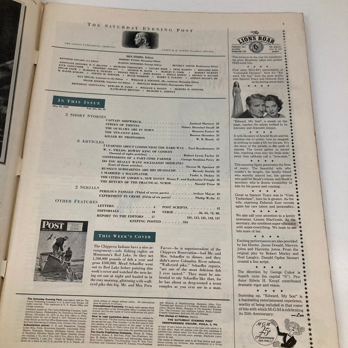 Inside page of the Saturday Evening Post Magazine May 28 1949, displaying content list and articles, showcasing vintage magazine design.