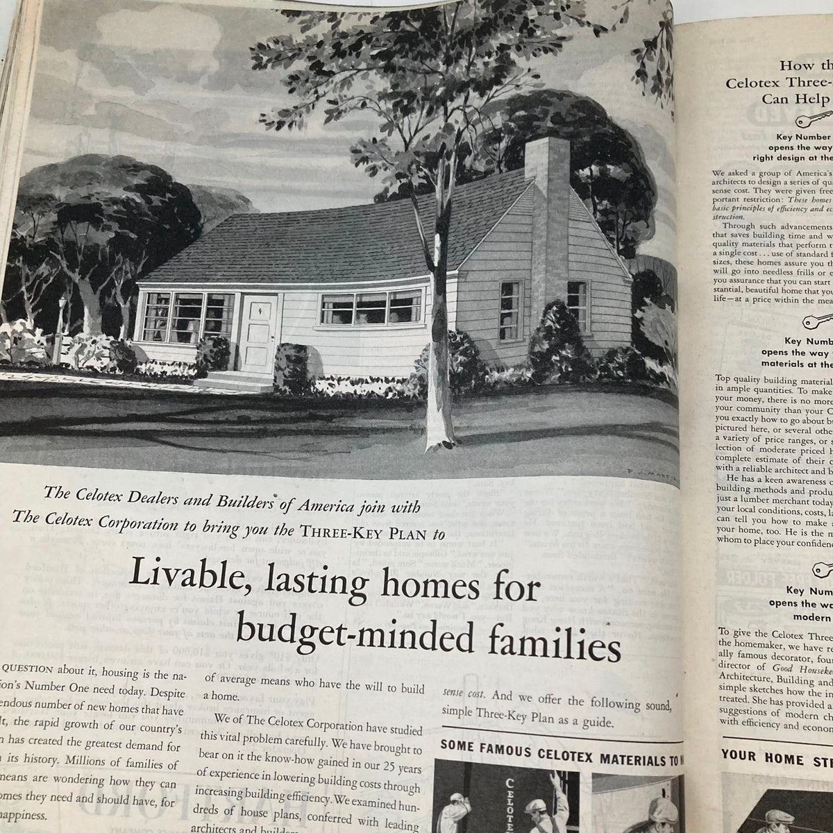 Illustration from the Saturday Evening Post May 28 1949 featuring a charming home design advertisement, promoting Celotex Corporation's Three-Key Plan for budget-minded families.