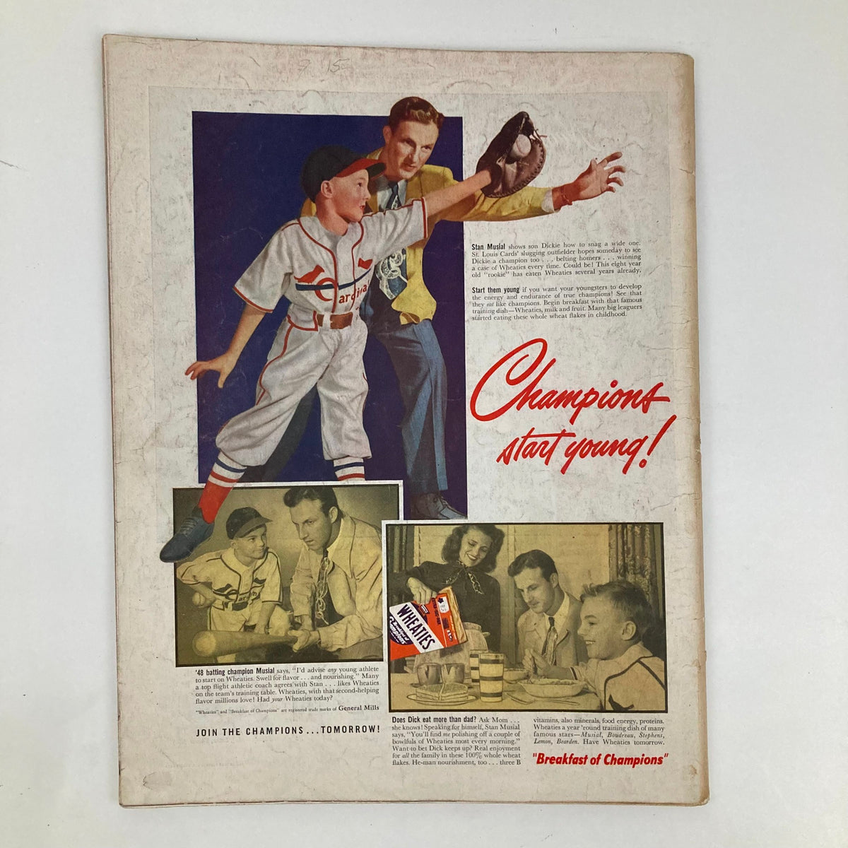 Vintage advertisement from the Saturday Evening Post May 28 1949 showcasing a young boy learning baseball with guidance from Stan Musial, highlighting the theme 'Champions start young!'