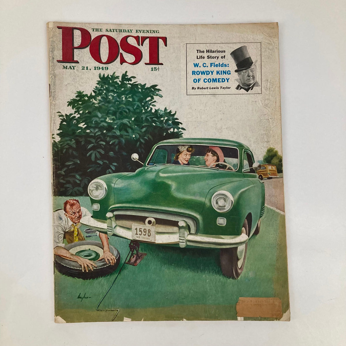 Saturday Evening Post Magazine May 21 1949 Illustrated Cover by George Hughes featuring a green car with two women inside and a man changing a tire.