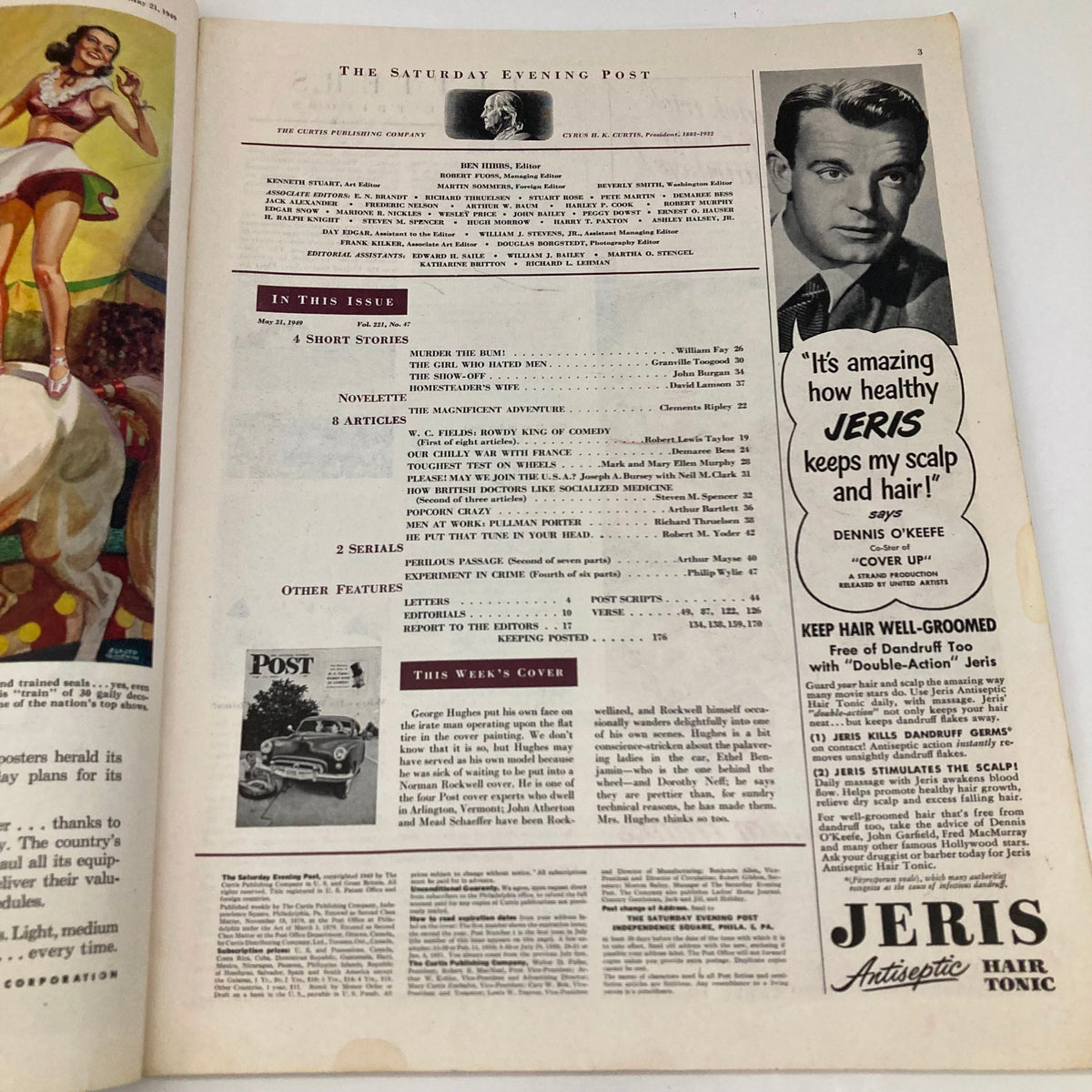 Inside view of Saturday Evening Post Magazine May 21 1949 displaying articles, editor information, and advertising, including a feature on hair tonic.