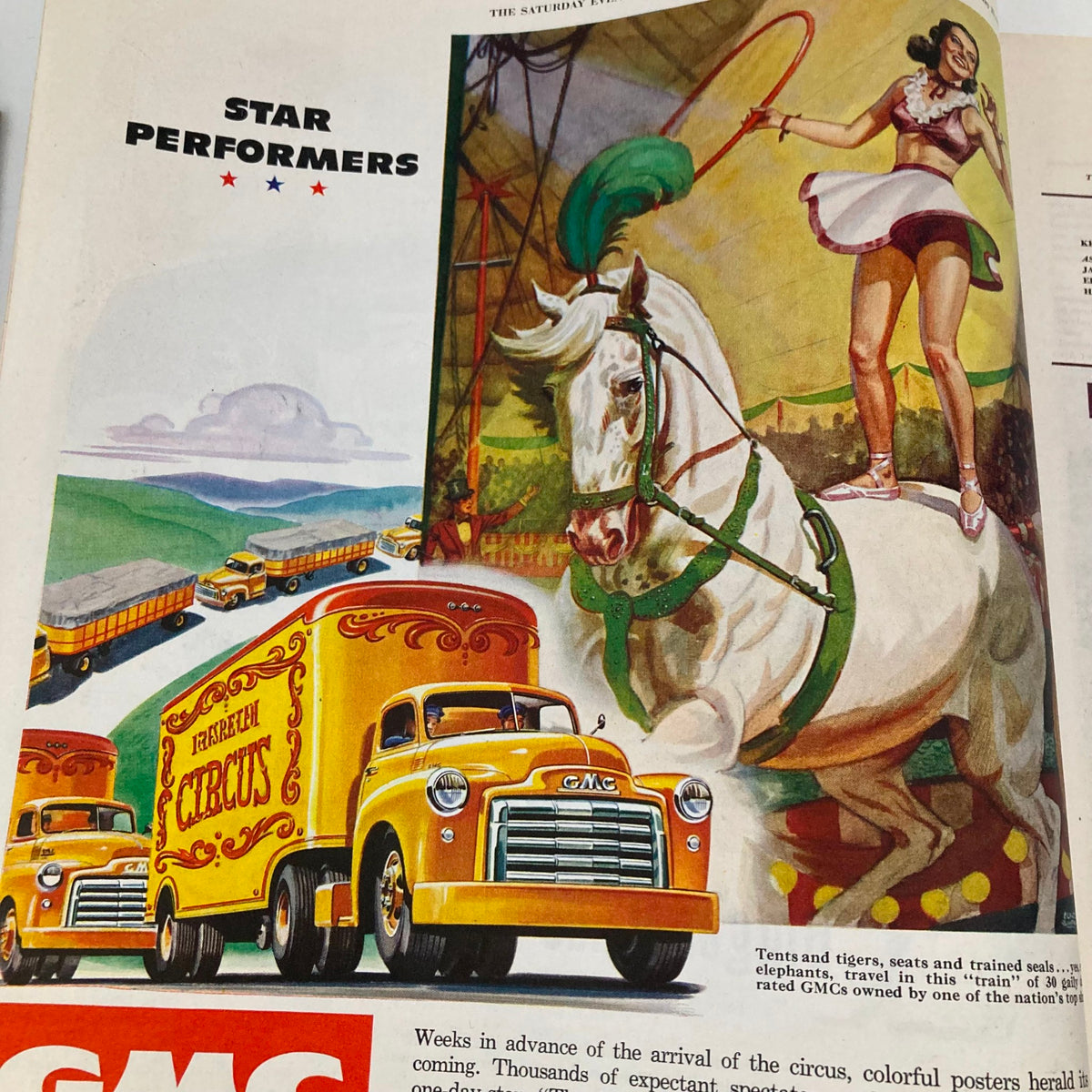 Illustrated advertisement from Saturday Evening Post Magazine May 21 1949 featuring star performers in a circus setting with a horse and vintage GMC trucks.