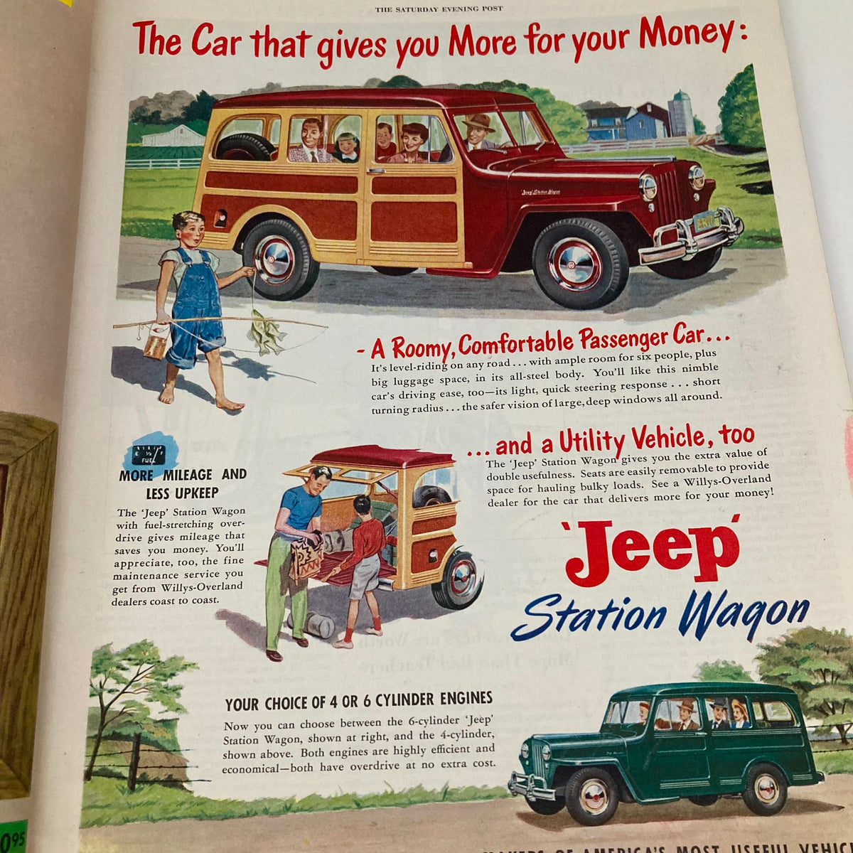 Vintage Jeep Station Wagon advertisement from Saturday Evening Post Magazine May 21 1949 showcasing a family-friendly vehicle with a spacious interior.