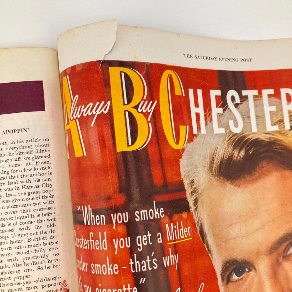 Chesterfield Cigarettes advertisement from Saturday Evening Post Magazine May 21 1949 featuring a striking design and promotional text about the product.