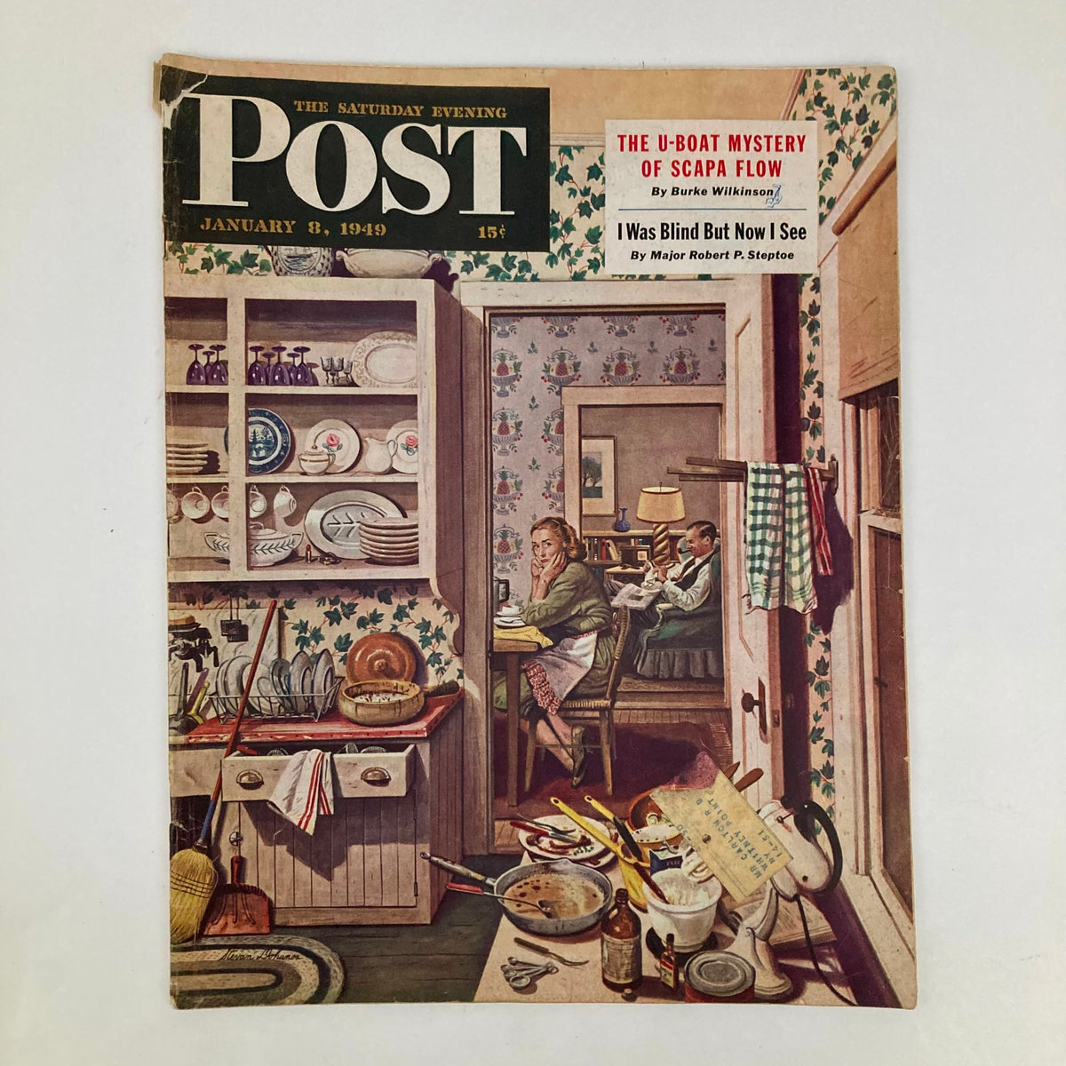 Saturday Evening Post Magazine January 8 1949 illustrated cover by Stevan Dohanos featuring a cozy kitchen scene, capturing post-war American life.