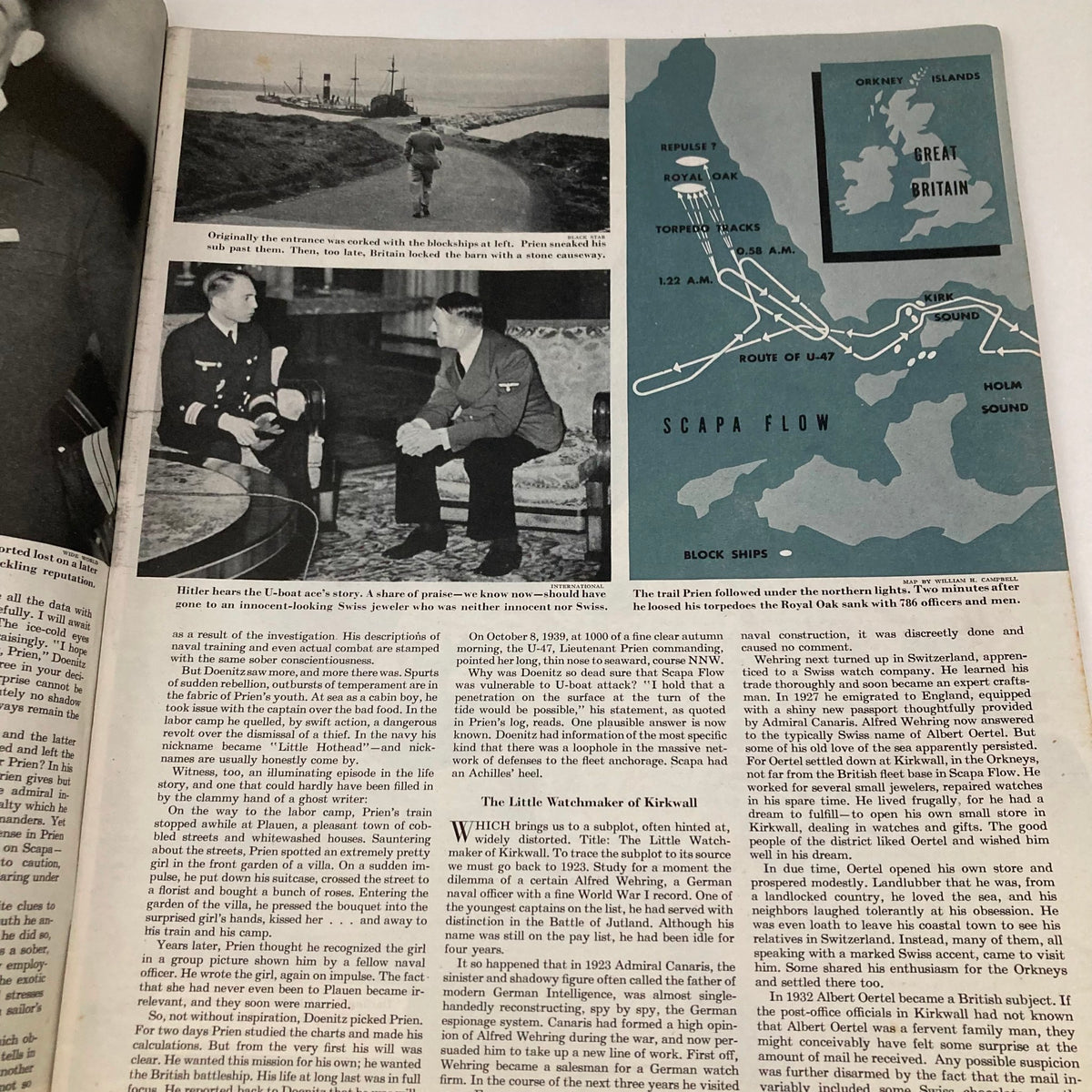 Page from the Saturday Evening Post Magazine January 8 1949 featuring a historical narrative about WWII, showcasing images of Hitler and a map of Great Britain related to U-boat operations.