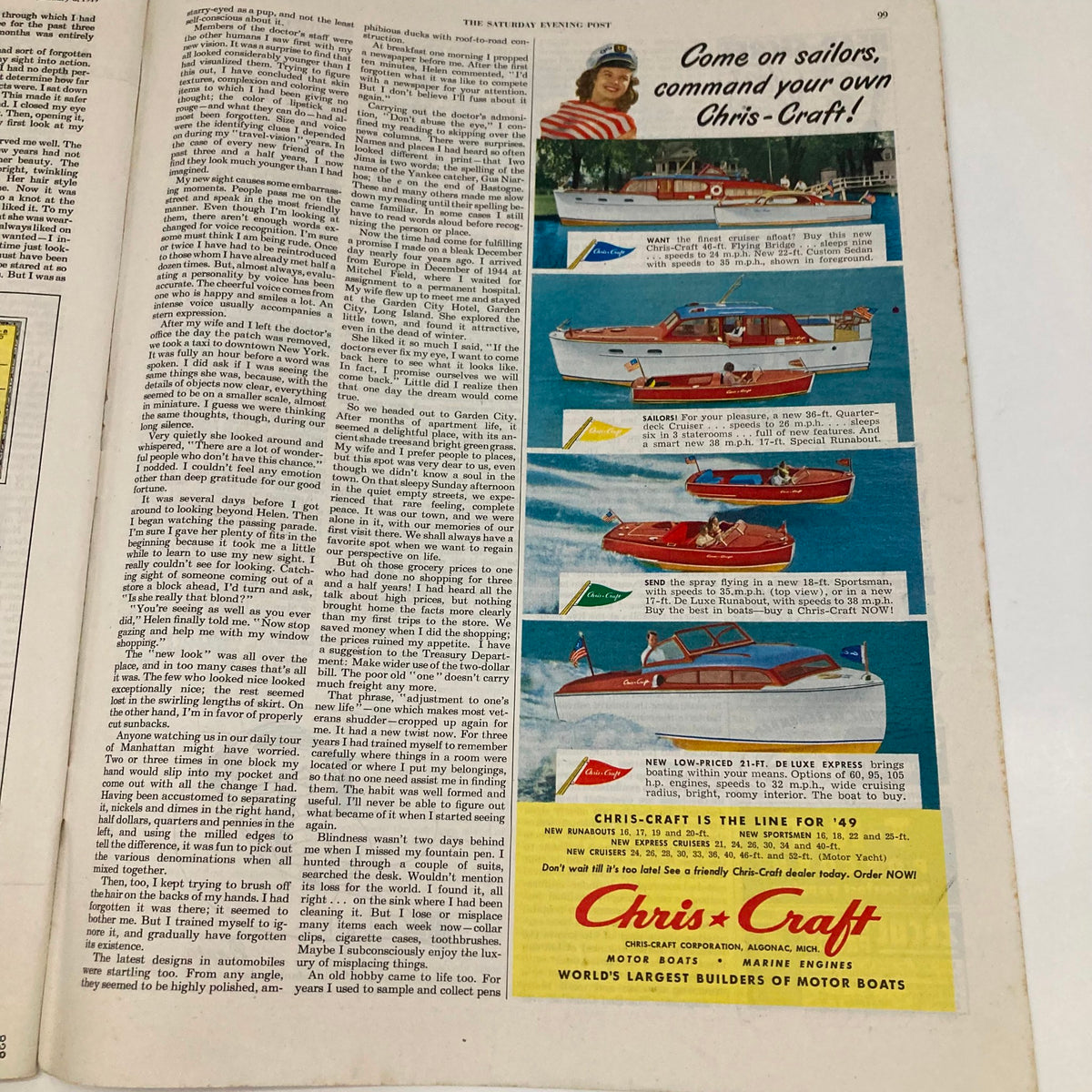 Page from the Saturday Evening Post Magazine January 8 1949 showcasing an advertisement for Chris-Craft boats, highlighting a range of motorboats appealing to sailing enthusiasts.