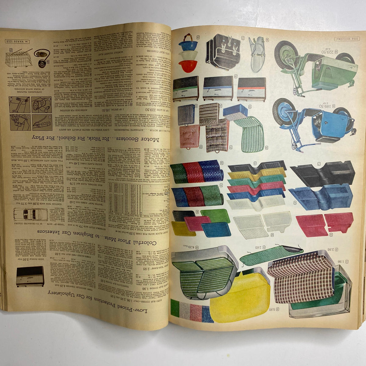 Page from the 1956 - 1957 Montgomery Ward Fall and Winter Catalog highlighting colorful motor scoot carts and accessories, representing mid-century outdoor leisure products.