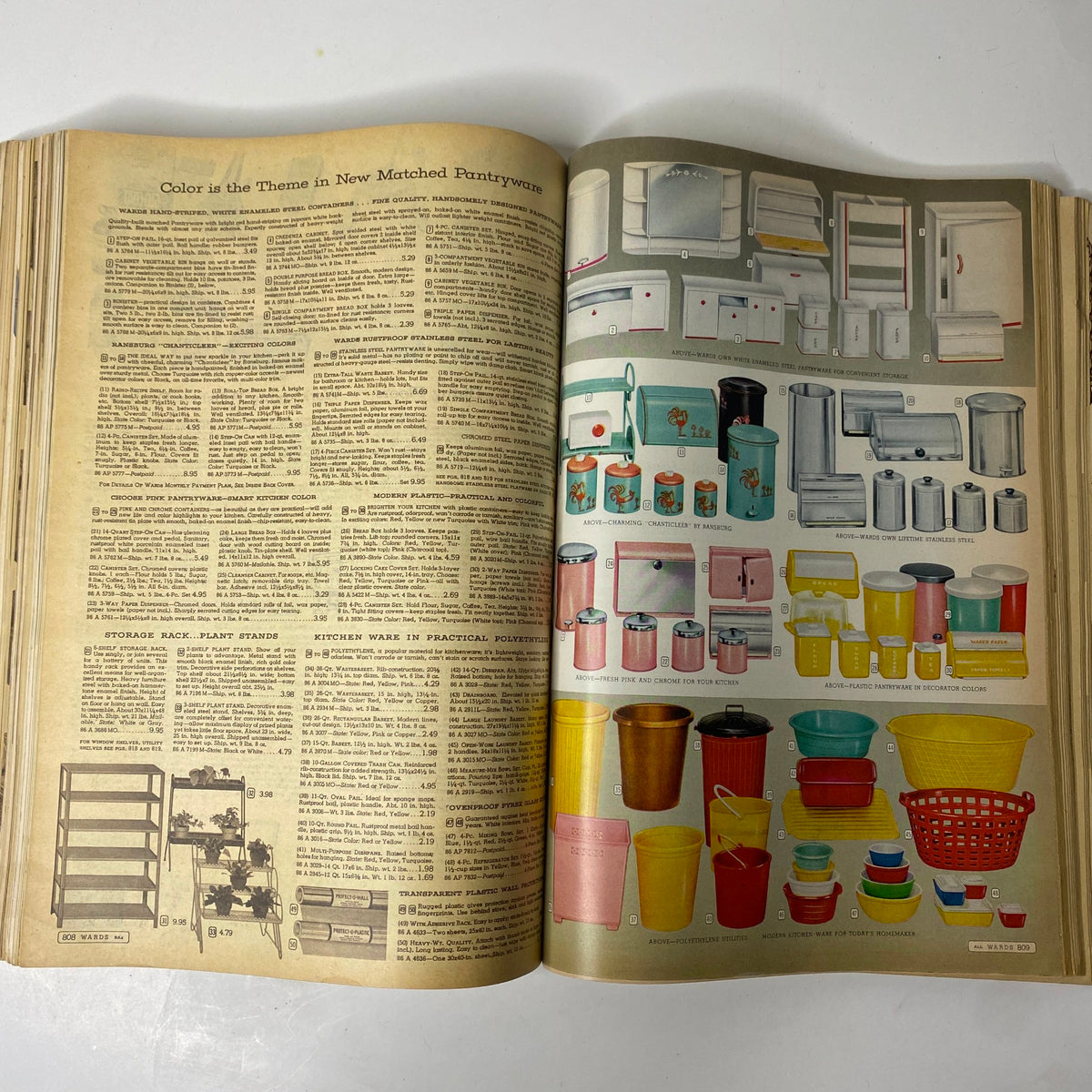 Page from the 1956 - 1957 Montgomery Ward Fall and Winter Catalog showcasing matched pantryware and kitchen storage solutions, embodying the trendy kitchen styles of the 1950s.