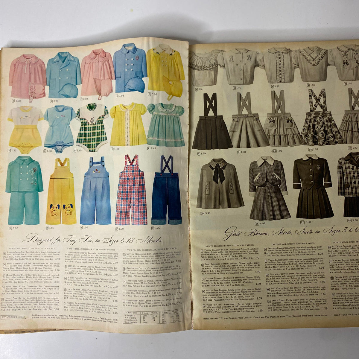 Double-page spread from the 1952 Montgomery Ward Albany Spring and Summer Catalog featuring colorful outfits for children and detailed pricing.