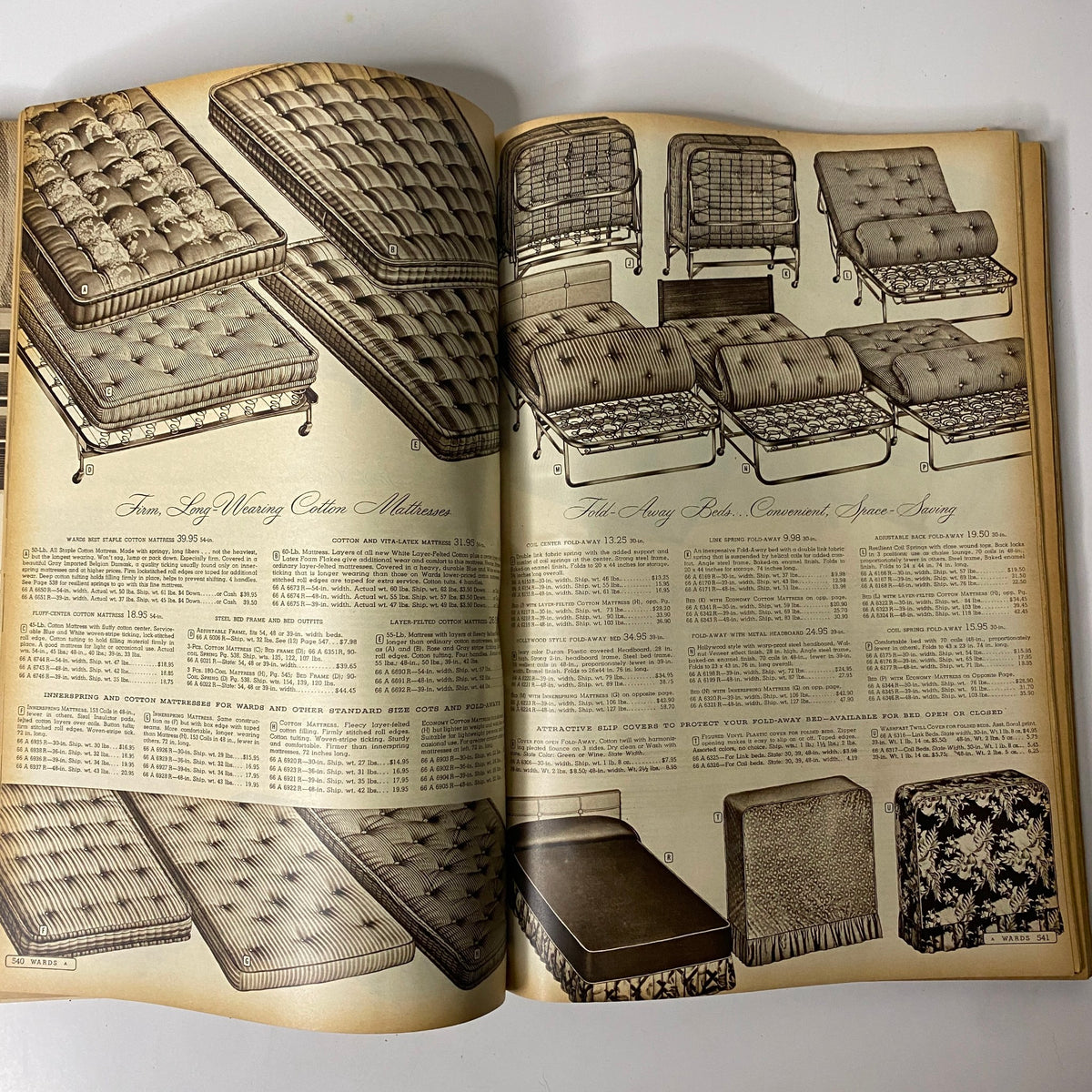 Mid-century furniture page showcasing mattresses and fold-away beds from the 1952 Montgomery Ward Albany Spring and Summer Catalog, highlighting styles that embody 1950s design aesthetics.