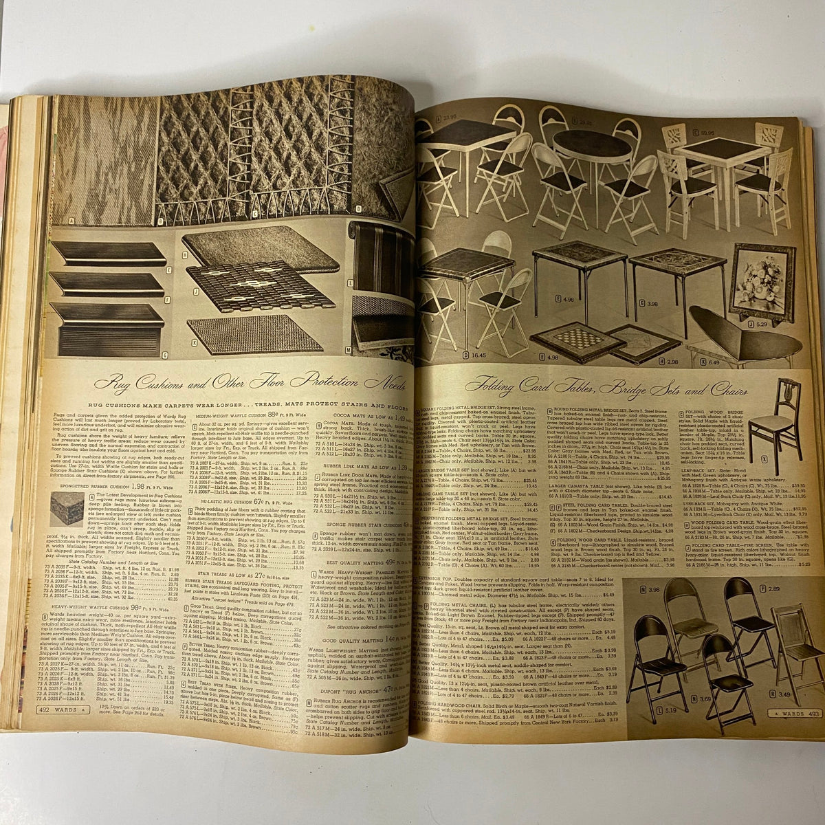 Display of home furniture items including rugs and folding tables from the 1952 Montgomery Ward Albany Spring and Summer Catalog, representing popular household essentials of the 1950s.