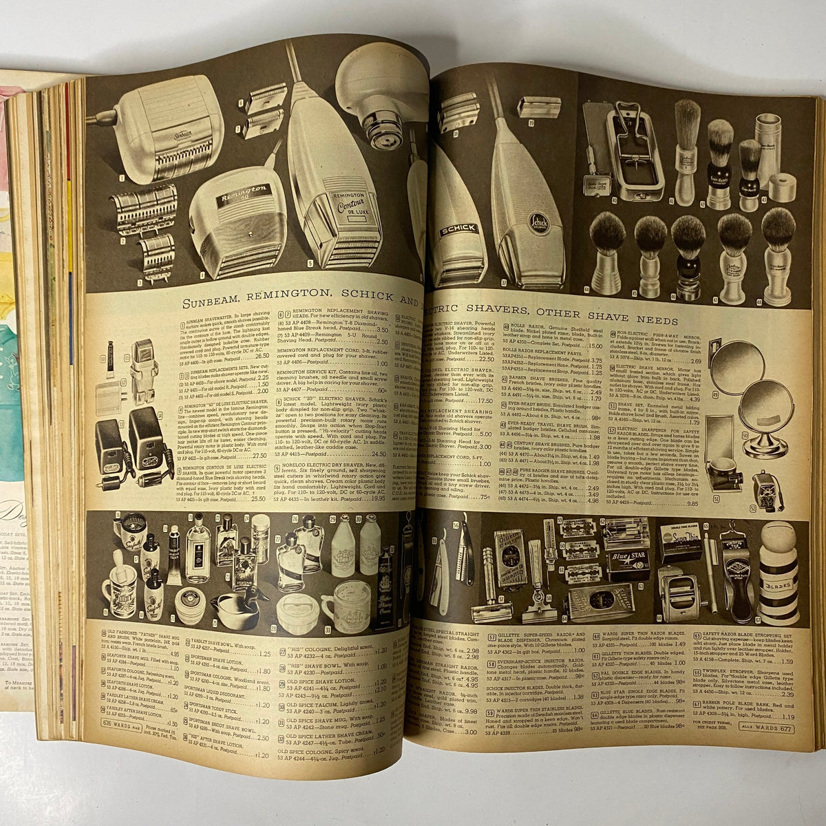 Page from the 1952 Montgomery Ward Albany Spring and Summer Catalog featuring electric shavers, grooming products, and accessories with pricing details, highlighting vintage personal care items.