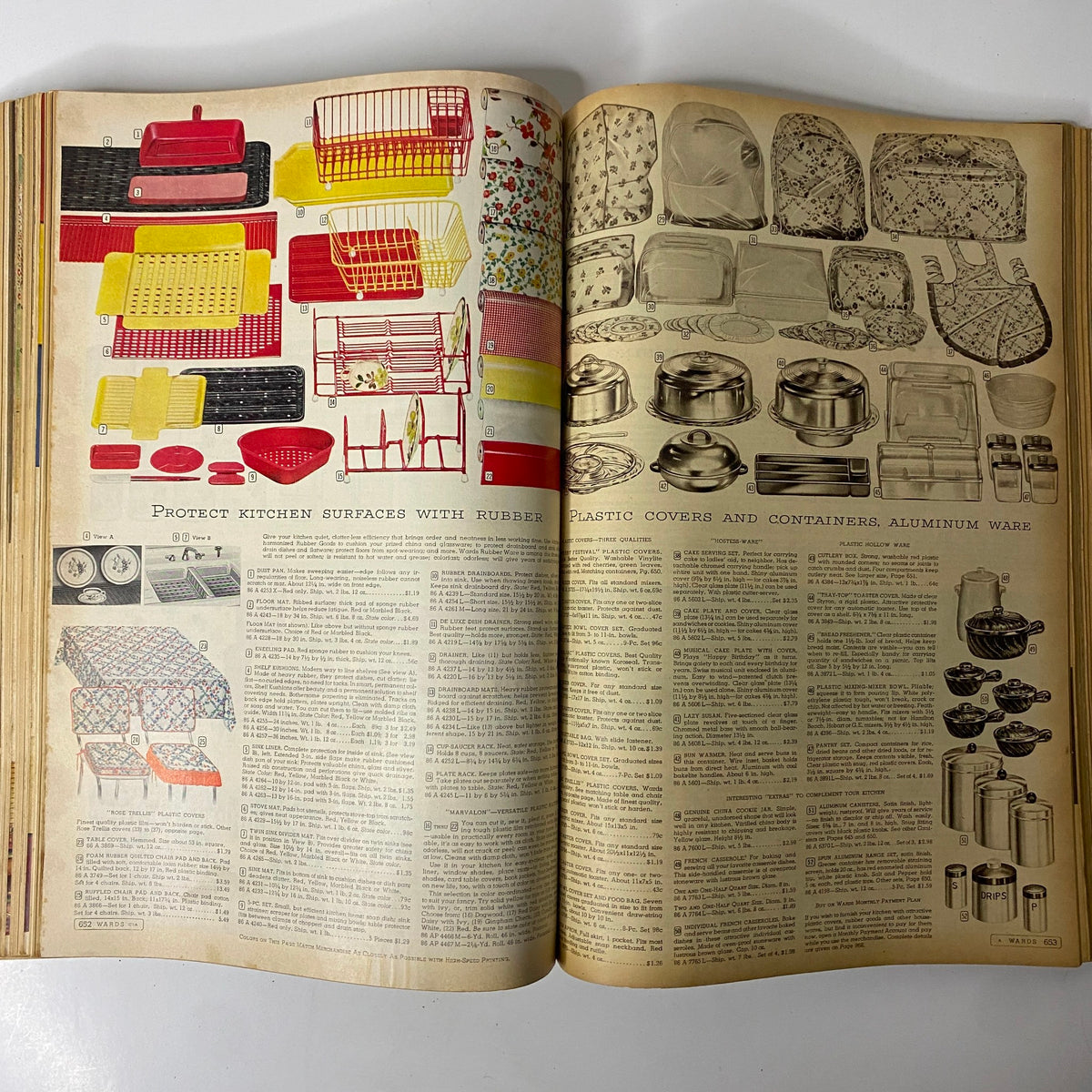 Colorful kitchen storage solutions displayed in the 1952 Montgomery Ward Albany Spring and Summer Catalog, including various rubber and plastic items, enhancing mid-century kitchen aesthetics.