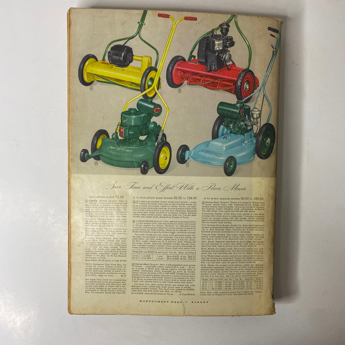 1952 Montgomery Ward Albany Spring and Summer Catalog showcasing vintage lawn mowers in various colors, including green, yellow, red, and blue, with pricing details for each model and a nostalgic glimpse of gardening equipment from the 1950s.