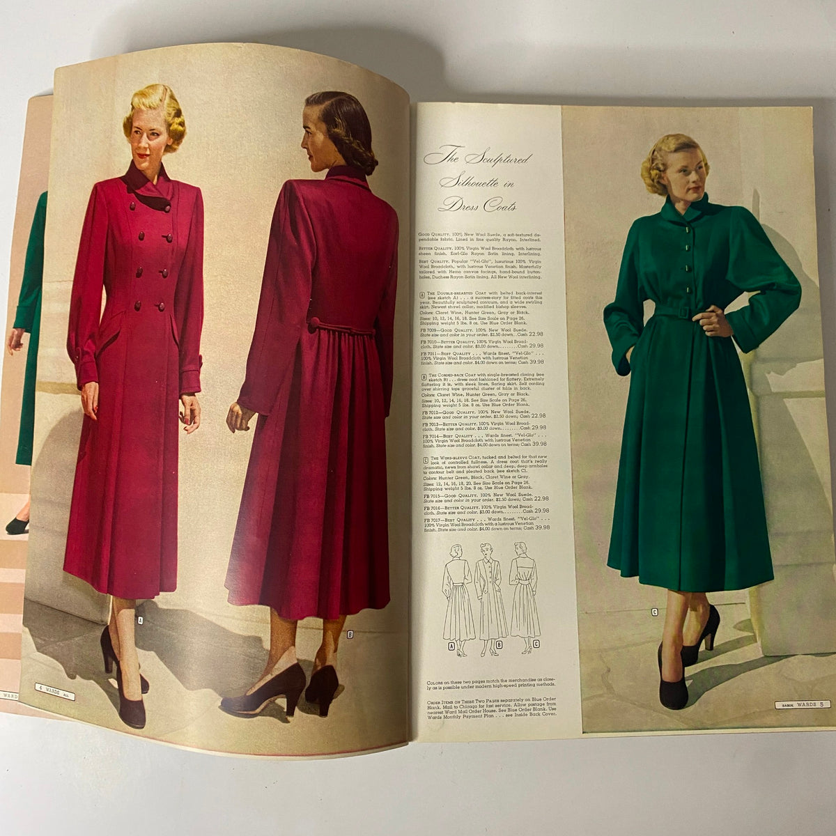 Inside spread of the 1949-1950 Montgomery Ward Baltimore Fall and Winter Catalog, showcasing elegant dress coats in vibrant colors worn by models, emphasizing the sculpted silhouettes of late 1940s fashion.