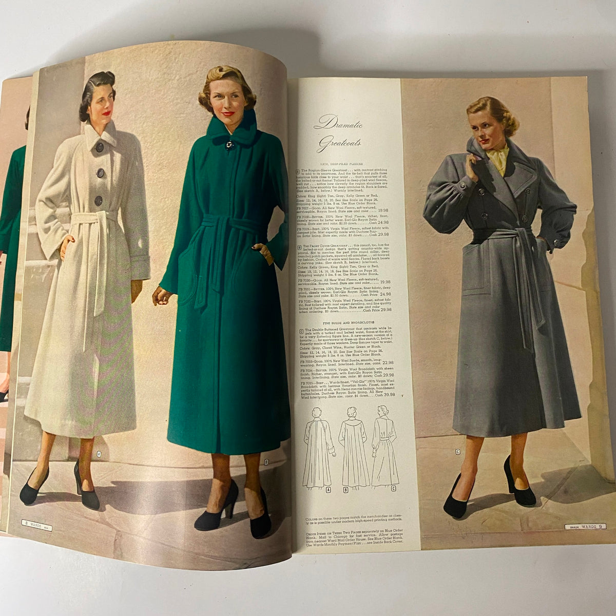 1949-1950 Montgomery Ward Baltimore Fall and Winter Catalog showcasing two women modeling elegant greatcoats in different colors, highlighting vintage fashion from the late 1940s.
