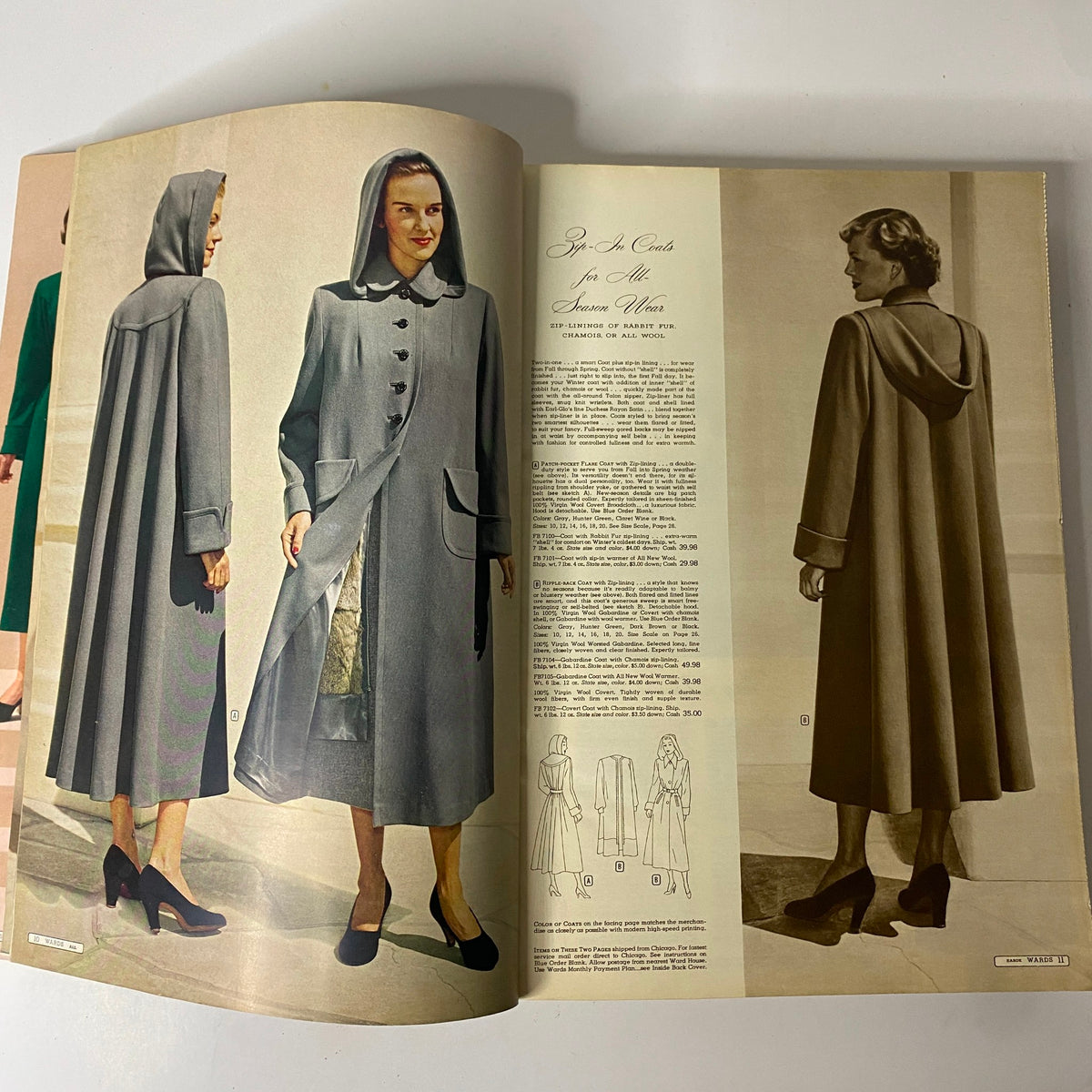 1949-1950 Montgomery Ward Baltimore Fall and Winter Catalog featuring a woman in a stylish gray coat with a hood, perfect for all-season wear, emphasizing post-war fashion trends.