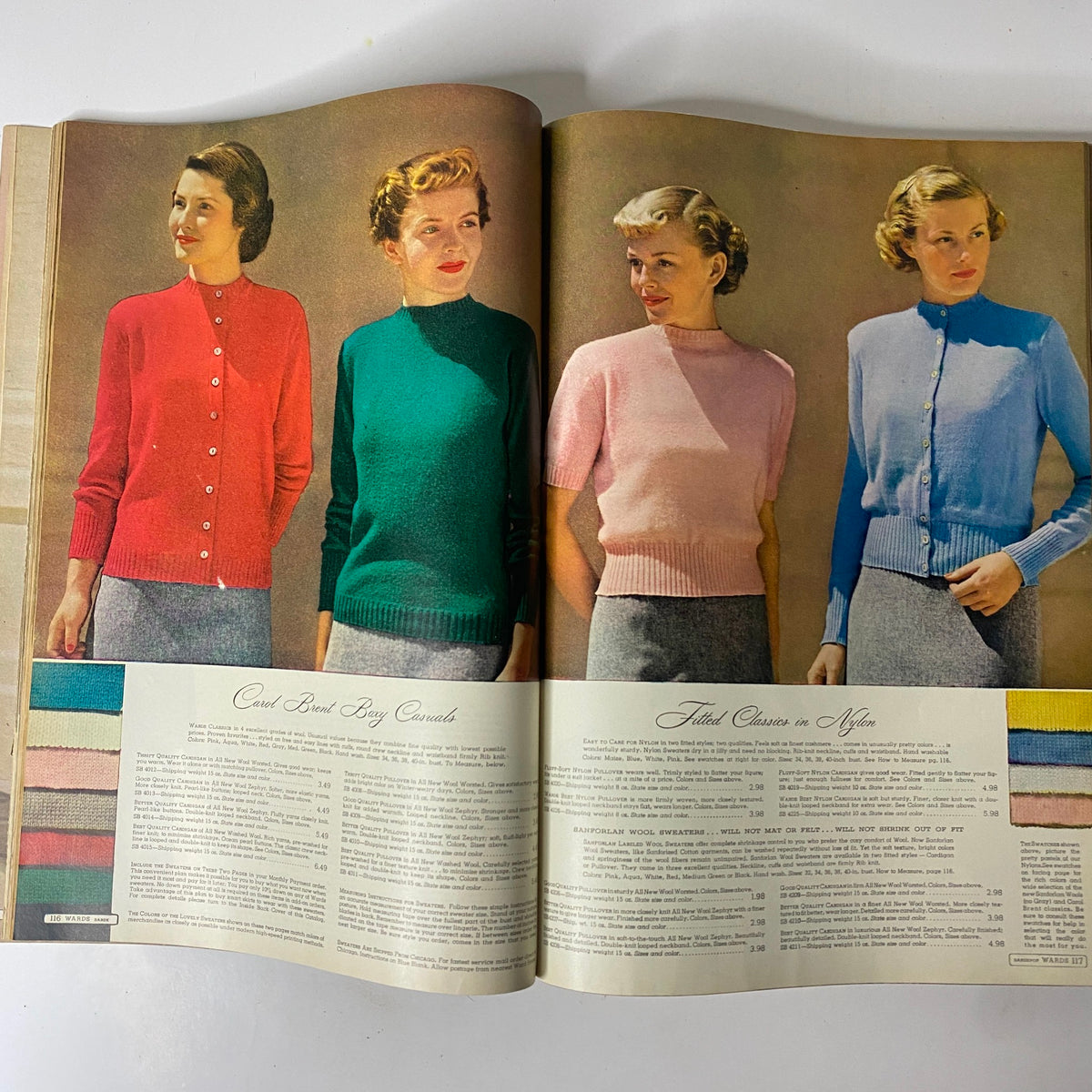 1949-1950 Montgomery Ward Baltimore Fall and Winter Catalog displaying four colorful knit sweaters on models, illustrating popular women's fashion styles from the fall and winter season.