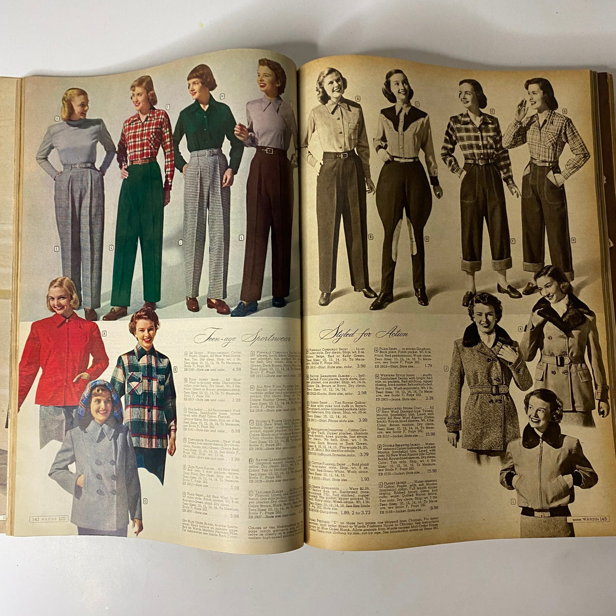 1949-1950 Montgomery Ward Baltimore Fall and Winter Catalog with women dressed in stylish pants and blouses, showcasing vintage clothing styles and accessories from the late 1940s.