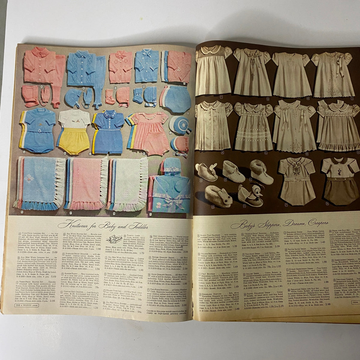 1949-1950 Montgomery Ward Baltimore Fall and Winter Catalog featuring an array of infant and toddler clothing items in pastel colors, representing classic children's fashion from the era.