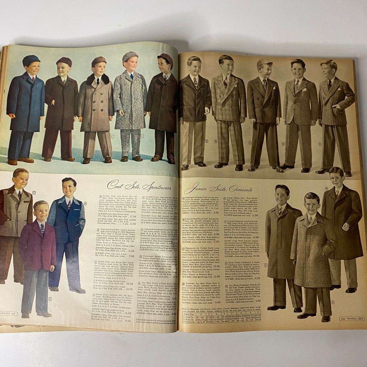 1949-1950 Montgomery Ward Baltimore Fall and Winter Catalog showcasing boys' stylish winter suits and coats. Vintage fashion illustration featuring various coat styles, including double-breasted options.
