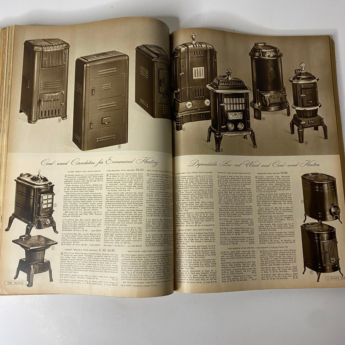 1949-1950 Montgomery Ward Baltimore Fall and Winter Catalog featuring vintage coal wood heaters, showcasing different designs suitable for economical heating.