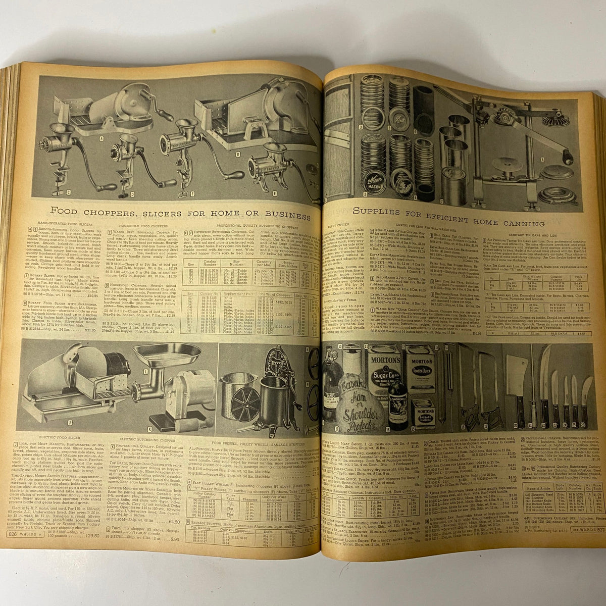 1949-1950 Montgomery Ward Baltimore Fall and Winter Catalog featuring home food choppers and canning supplies, a glimpse into mid-century culinary tools.