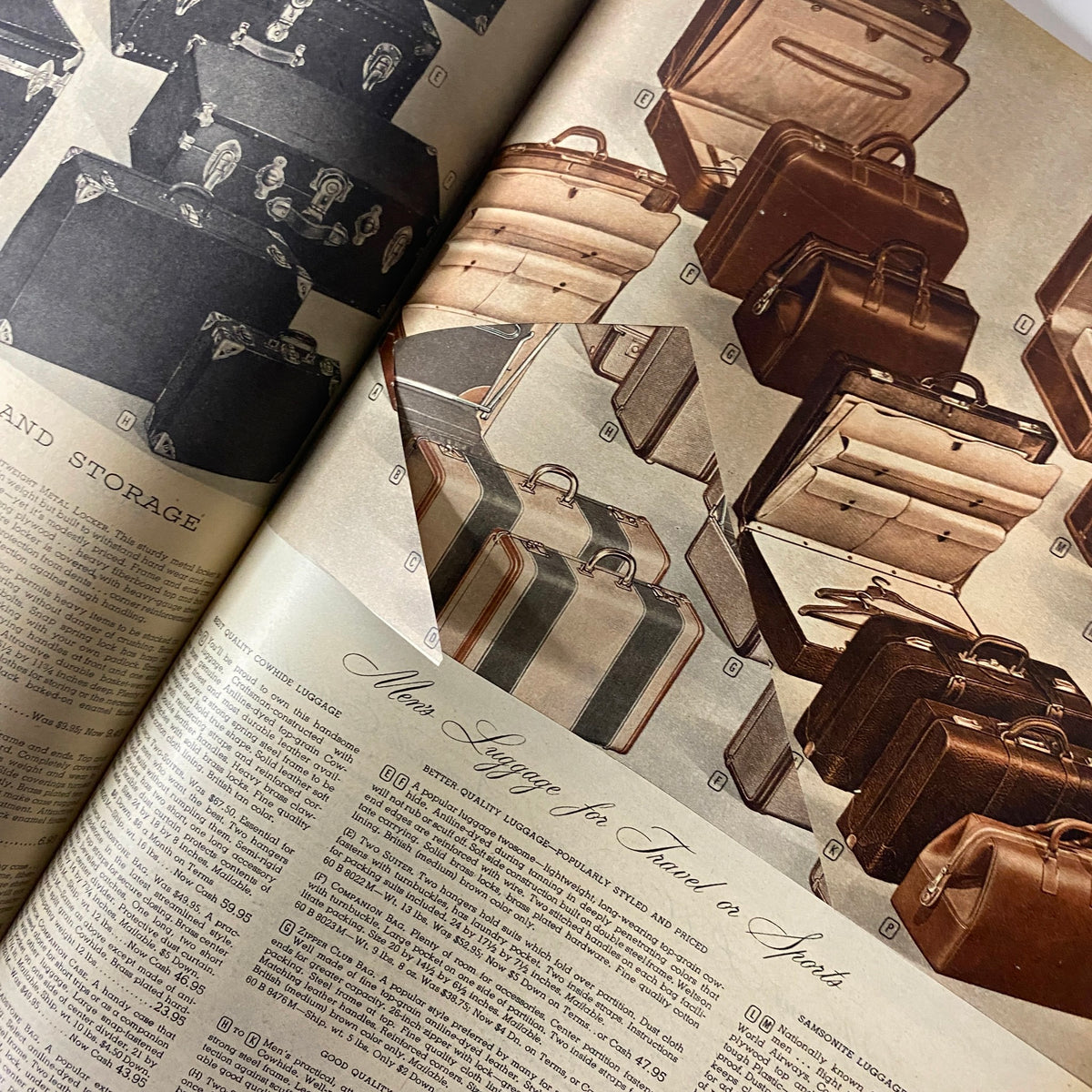 1949-1950 Montgomery Ward Baltimore Fall and Winter Catalog illustrating a selection of men's luggage for travel, showcasing stylish vintage travel accessories.
