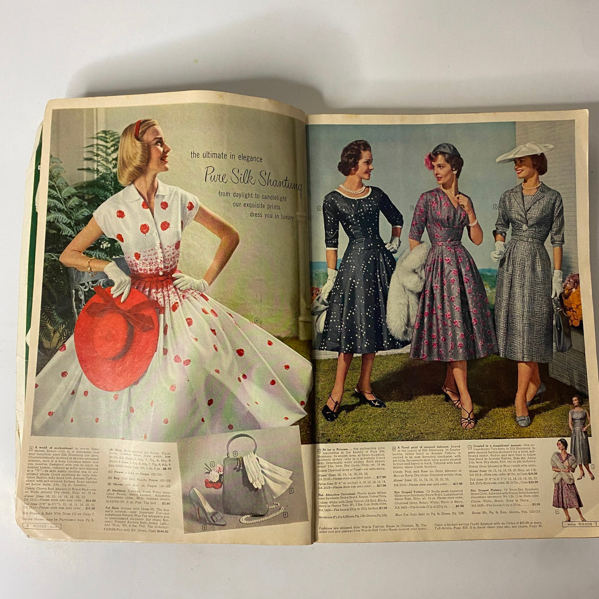 Elegant display of dresses in the 1958 Montgomery Ward Spring and Summer Catalog, highlighting luxurious styles and designs of the 1950s.