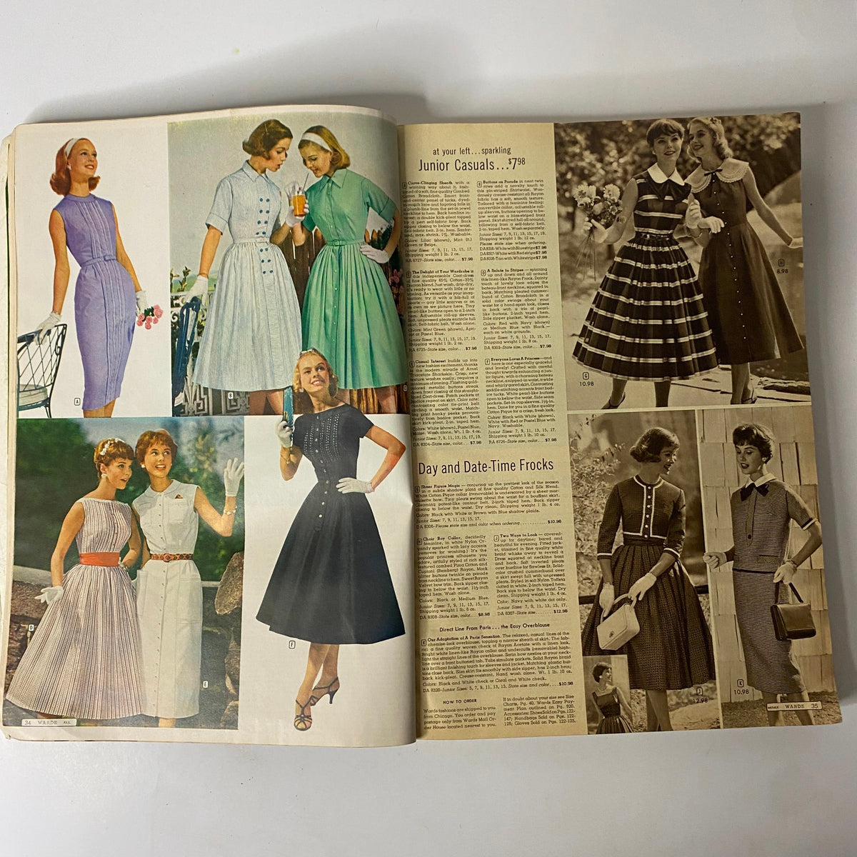 Classic styles displayed in the 1958 Montgomery Ward Spring and Summer Catalog, showcasing dresses and day-time fashion for women.