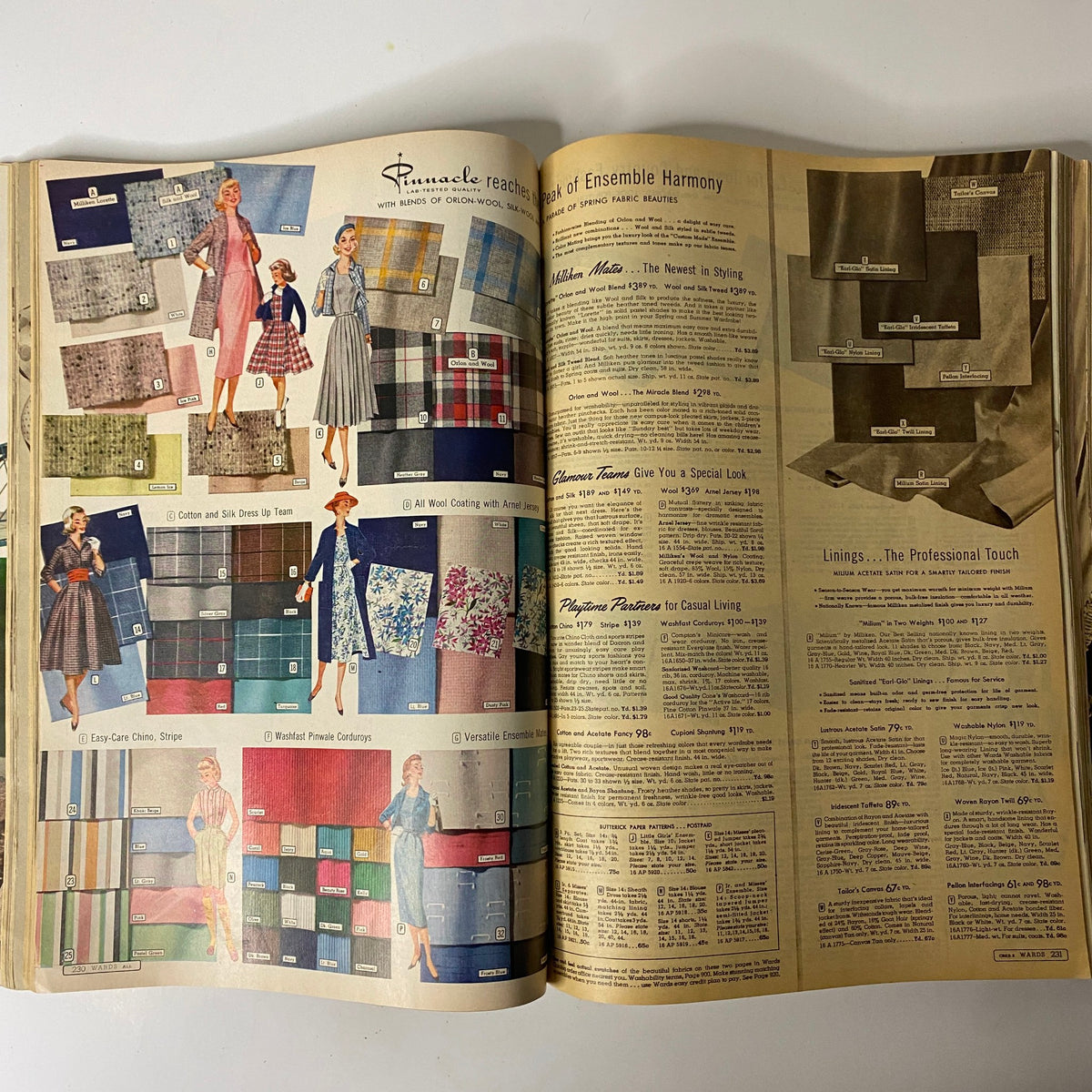1958 Montgomery Ward Spring and Summer Catalog highlighting fabric choices and coordinated outfits for women, emphasizing ensemble harmony.