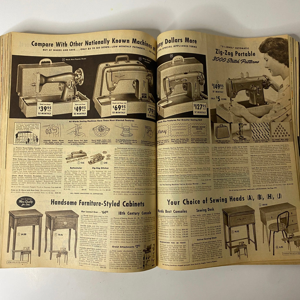 1958 Montgomery Ward Spring and Summer Catalog displaying a range of sewing machines and accessories, perfect for home sewing needs.