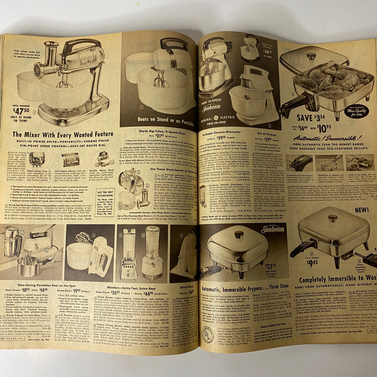 1958 Montgomery Ward Spring and Summer Catalog showcasing various kitchen appliances, emphasizing features and ease of use.