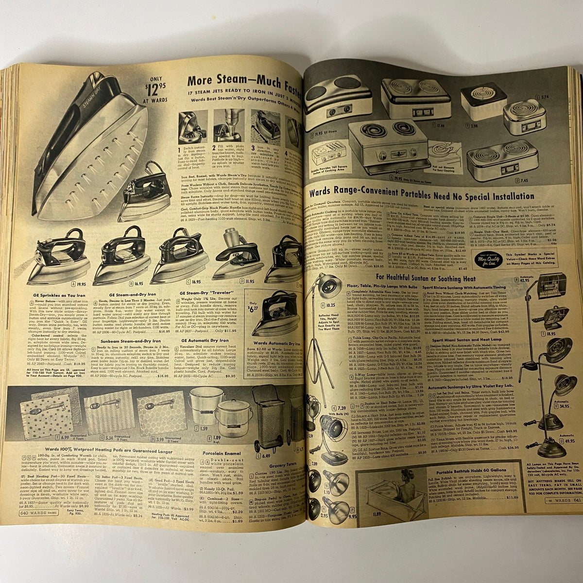 Page from the 1958 Montgomery Ward Spring and Summer Catalog featuring various steam irons and kitchen appliances with pricing details.