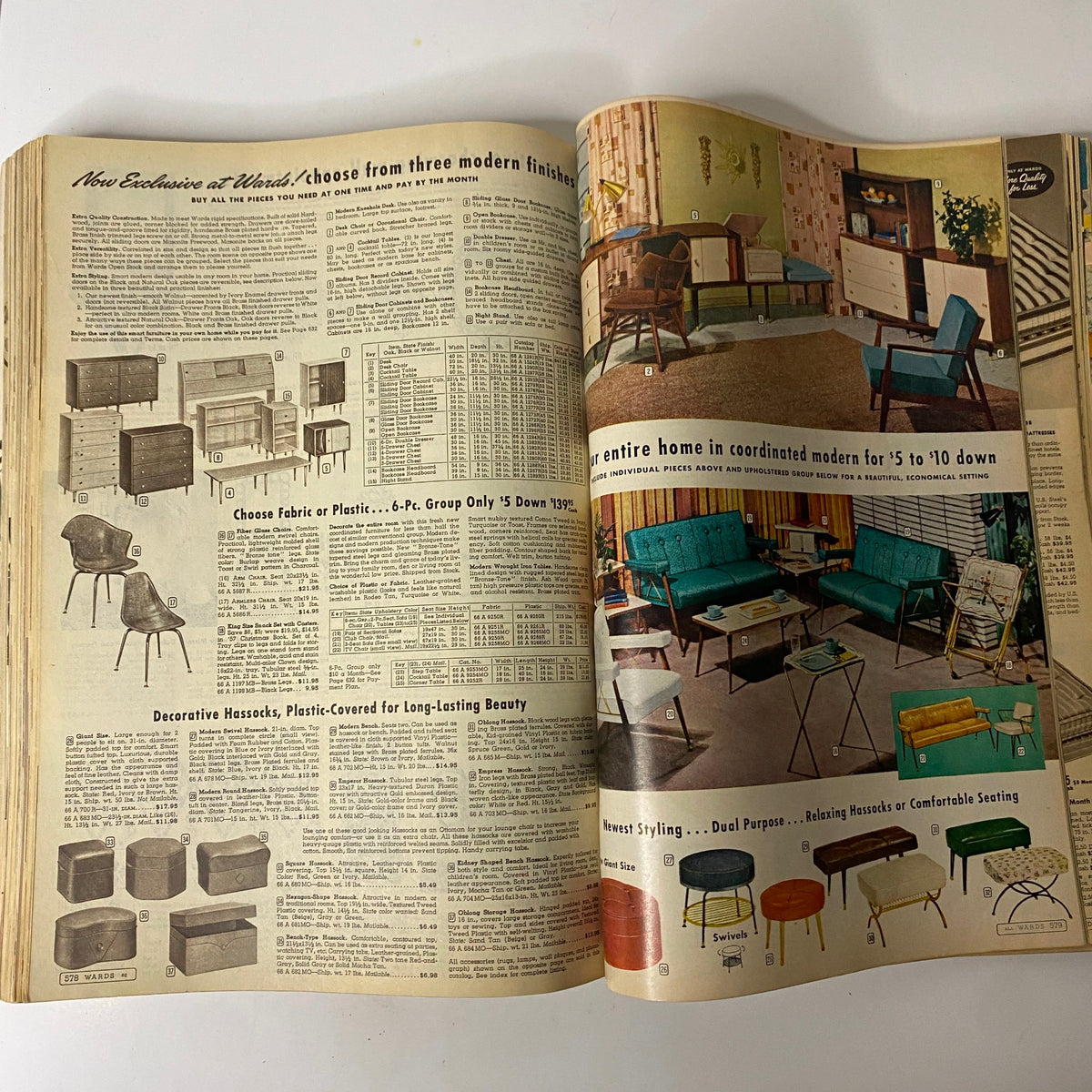 Page from the 1958 Montgomery Ward Spring and Summer Catalog presenting modern furniture options, including pricing and fabric choices for home décor.