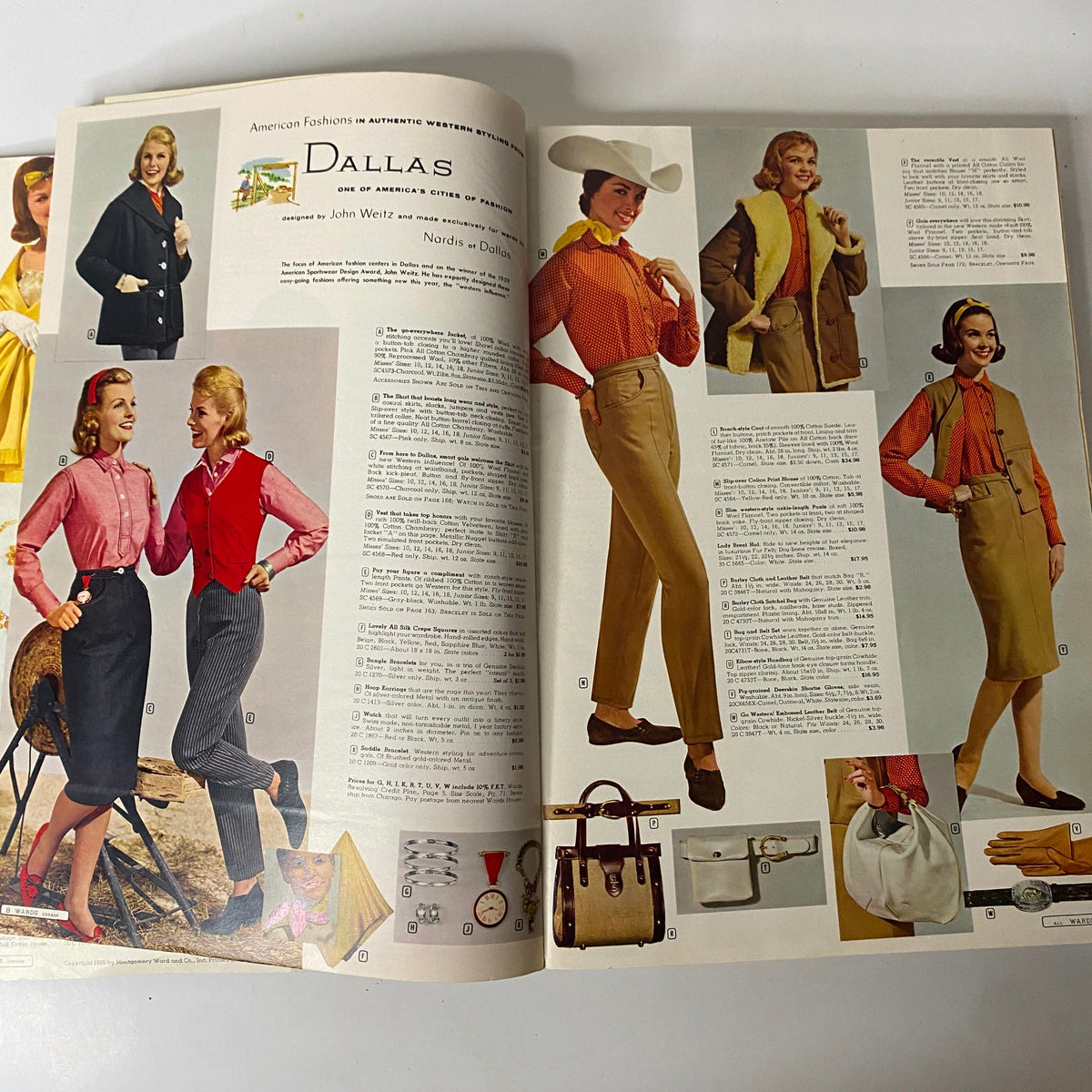 1960 Montgomery Ward Fall and Winter Catalog showcasing American fashions designed by John Weitz, featuring stylish Western-inspired clothing and accessories with models wearing elegant outfits.