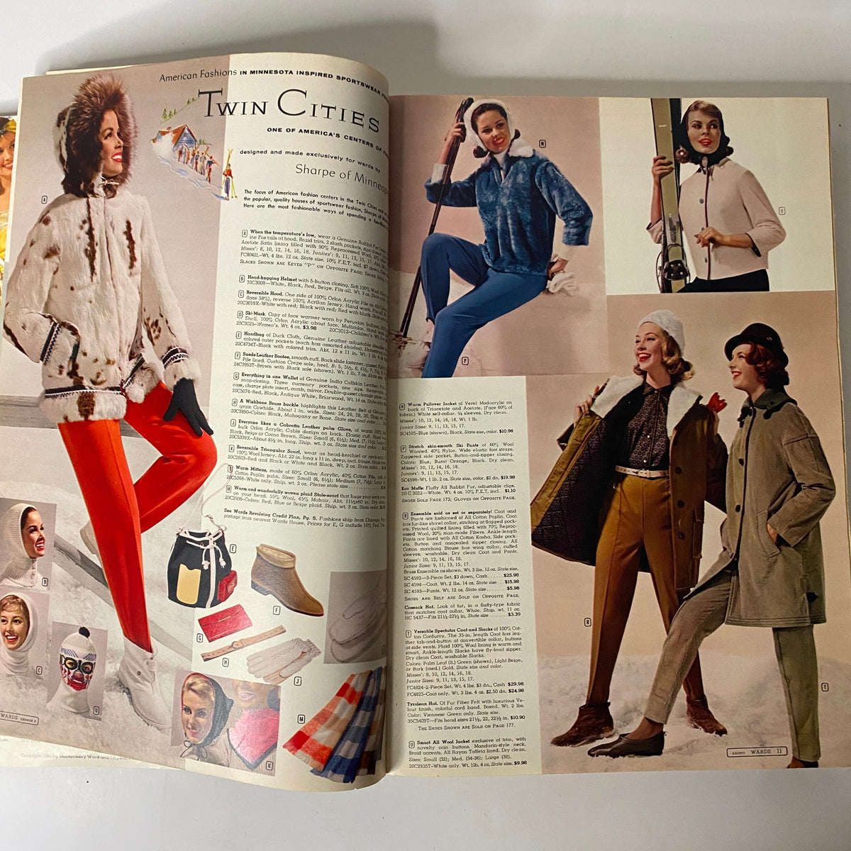 1960 Montgomery Ward Fall and Winter Catalog illustrating winter sports fashion from the Twin Cities, featuring models in chic outerwear and stylish winter apparel.
