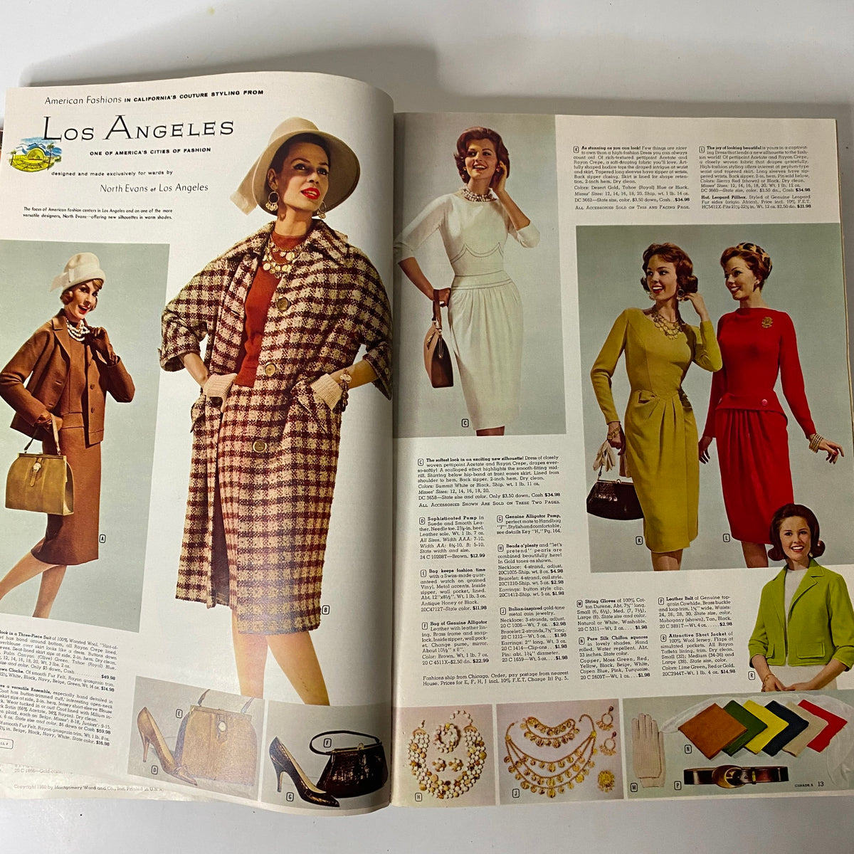 1960 Montgomery Ward Fall and Winter Catalog highlighting California couture from Los Angeles, showcasing fashionable dresses and accessories modeled by elegant women.