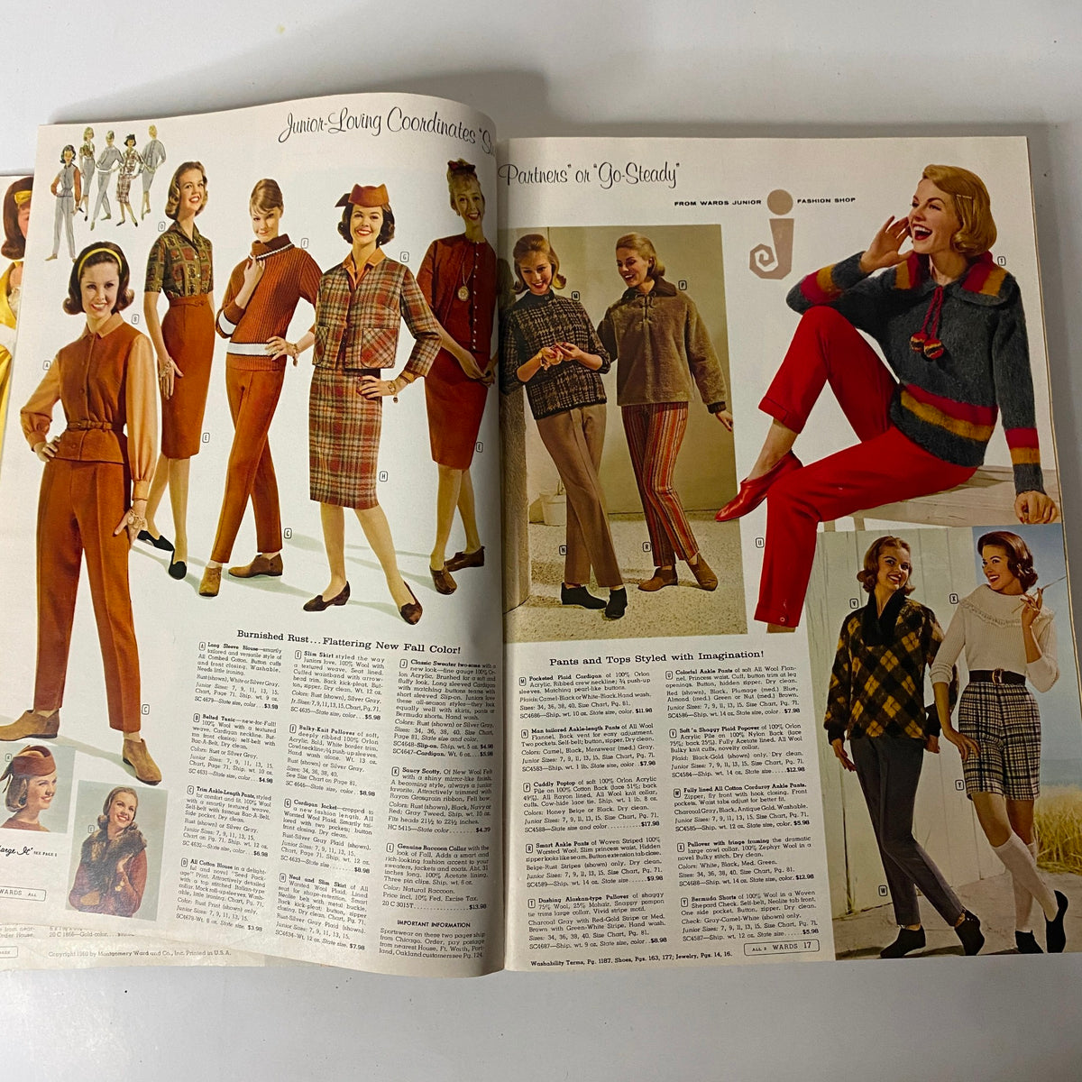 1960 Montgomery Ward Fall and Winter Catalog presenting junior styles with vibrant outfits, designed for young women, including coordinated tops and pants.