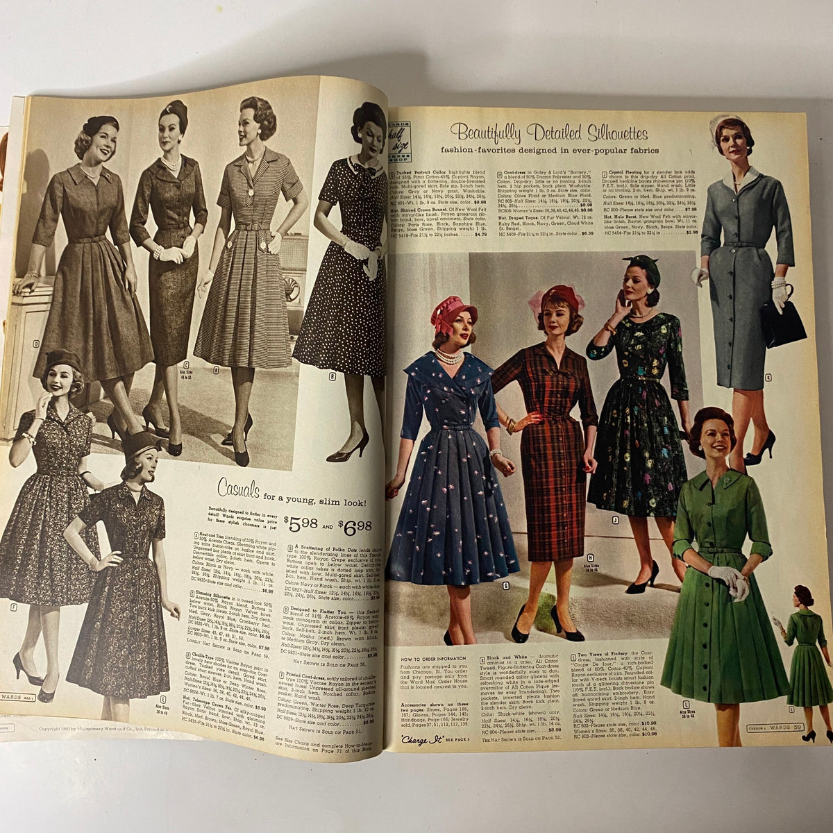 Inside page from the 1960 Montgomery Ward Fall and Winter Catalog showcasing beautifully detailed silhouettes of women's dresses and fashion items.